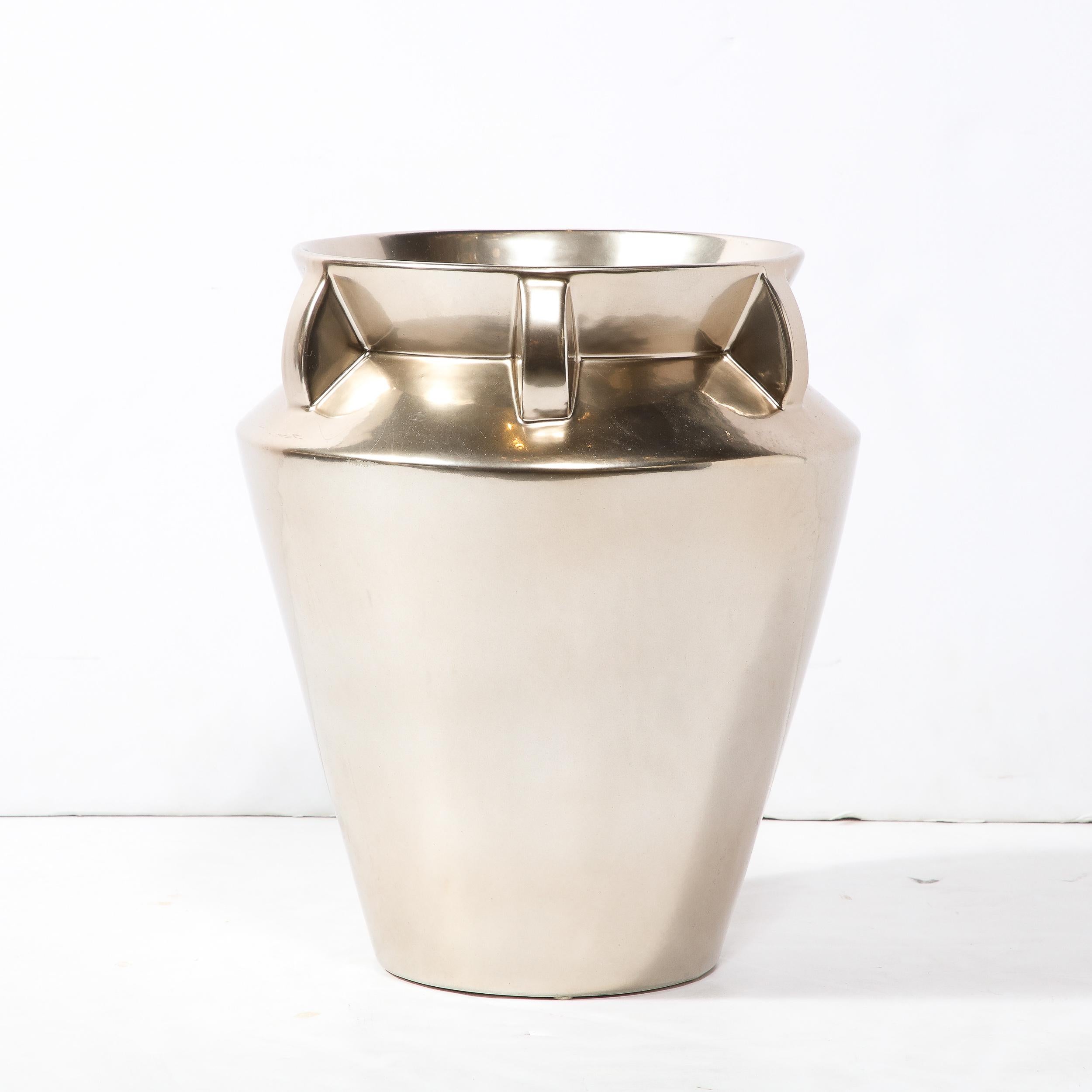 Modernist Urn Form Ceramic Vase with Streamlined Detailing and Platinum Glaze For Sale 1