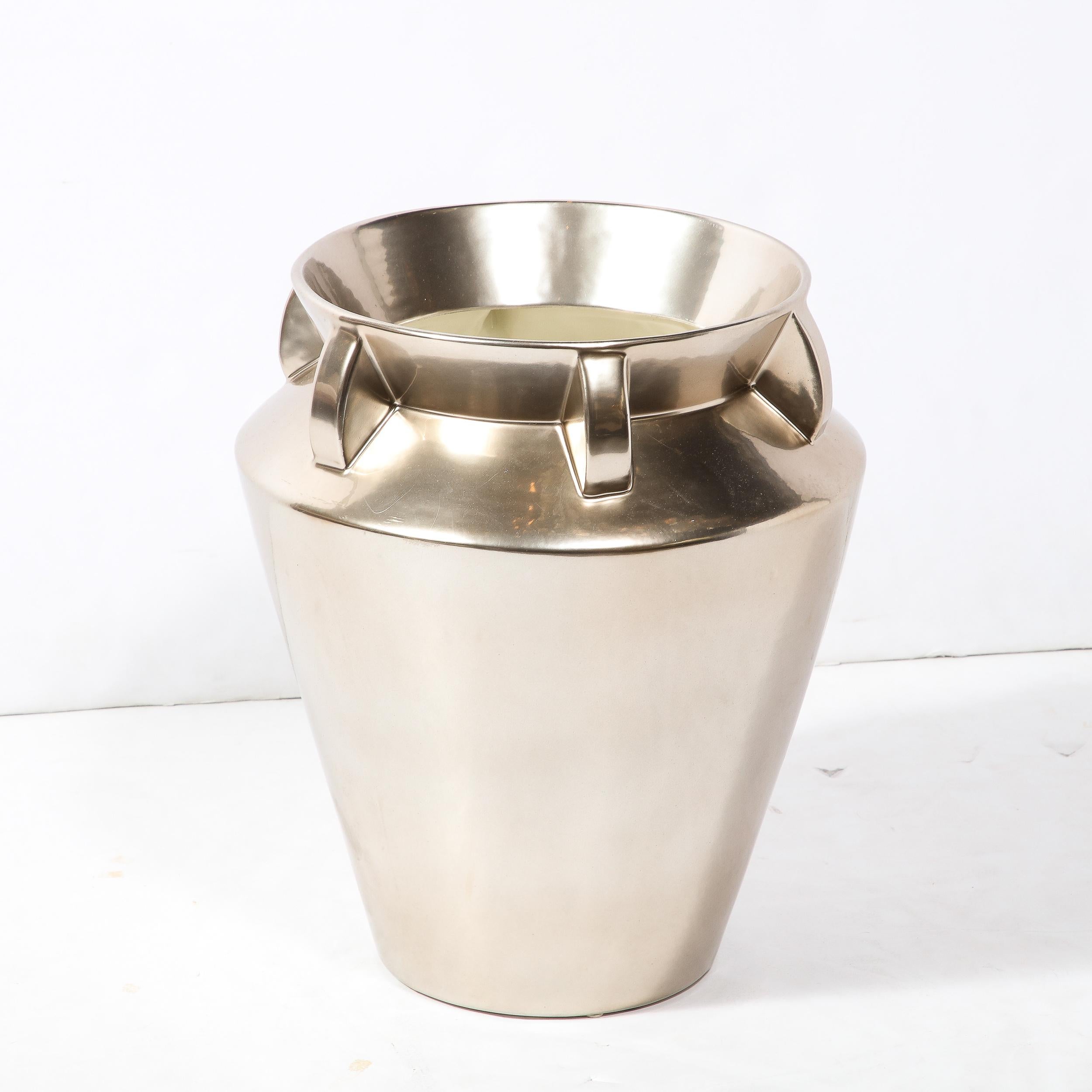 Modernist Urn Form Ceramic Vase with Streamlined Detailing and Platinum Glaze For Sale 2