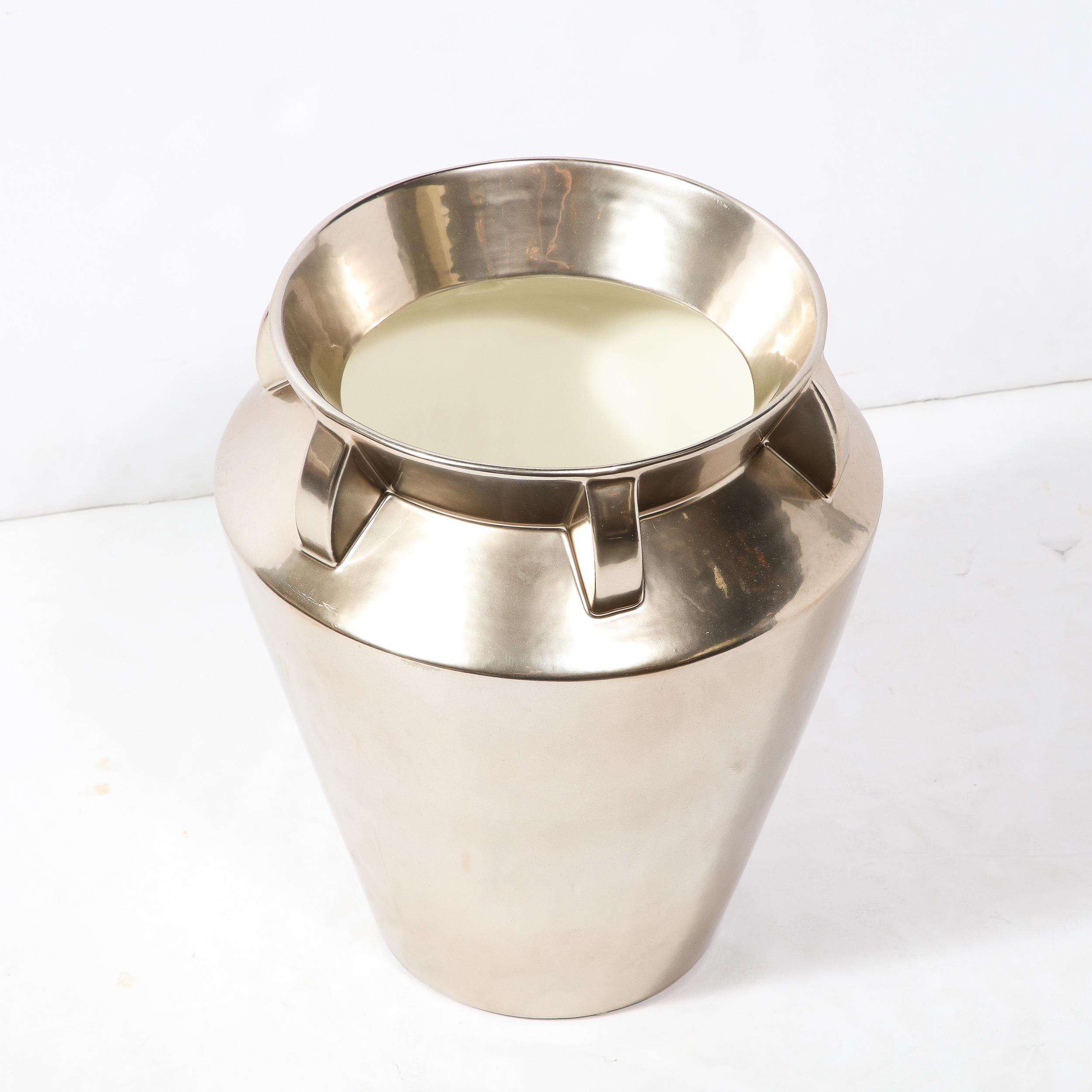 Modernist Urn Form Ceramic Vase with Streamlined Detailing and Platinum Glaze For Sale 3