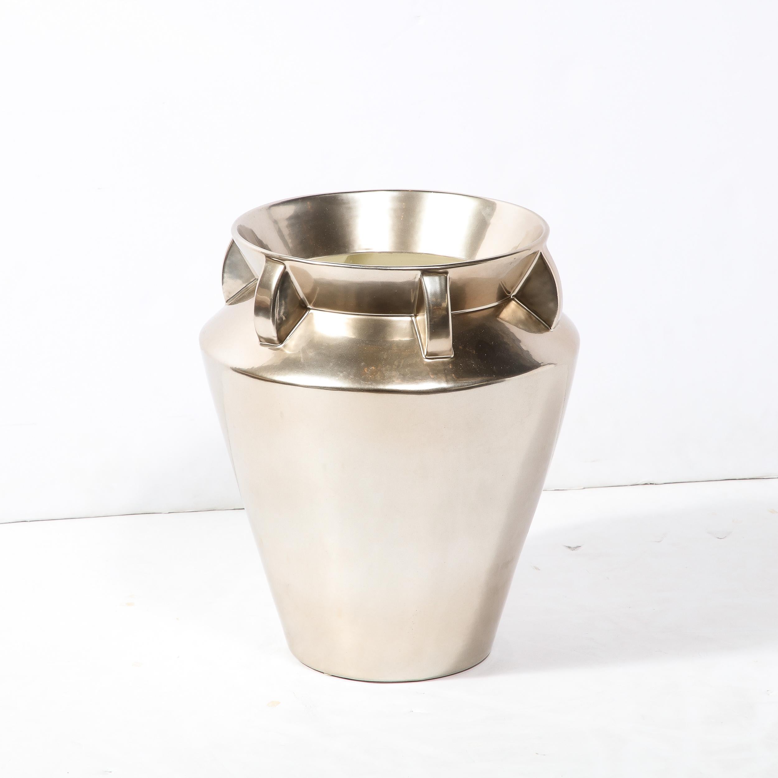 Modernist Urn Form Ceramic Vase with Streamlined Detailing and Platinum Glaze For Sale 4