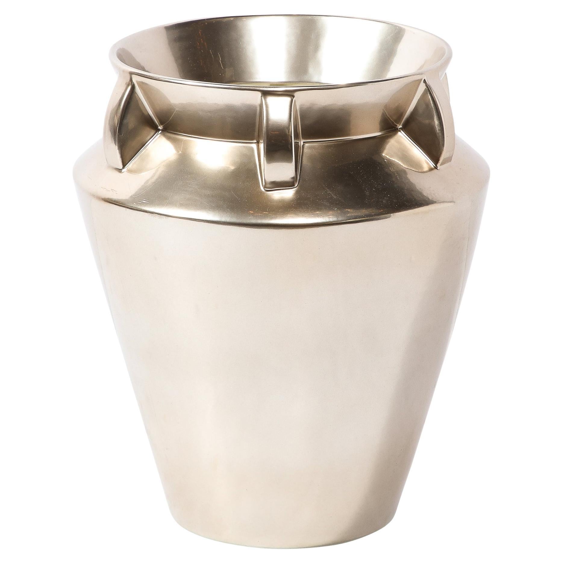 Modernist Urn Form Ceramic Vase with Streamlined Detailing and Platinum Glaze For Sale