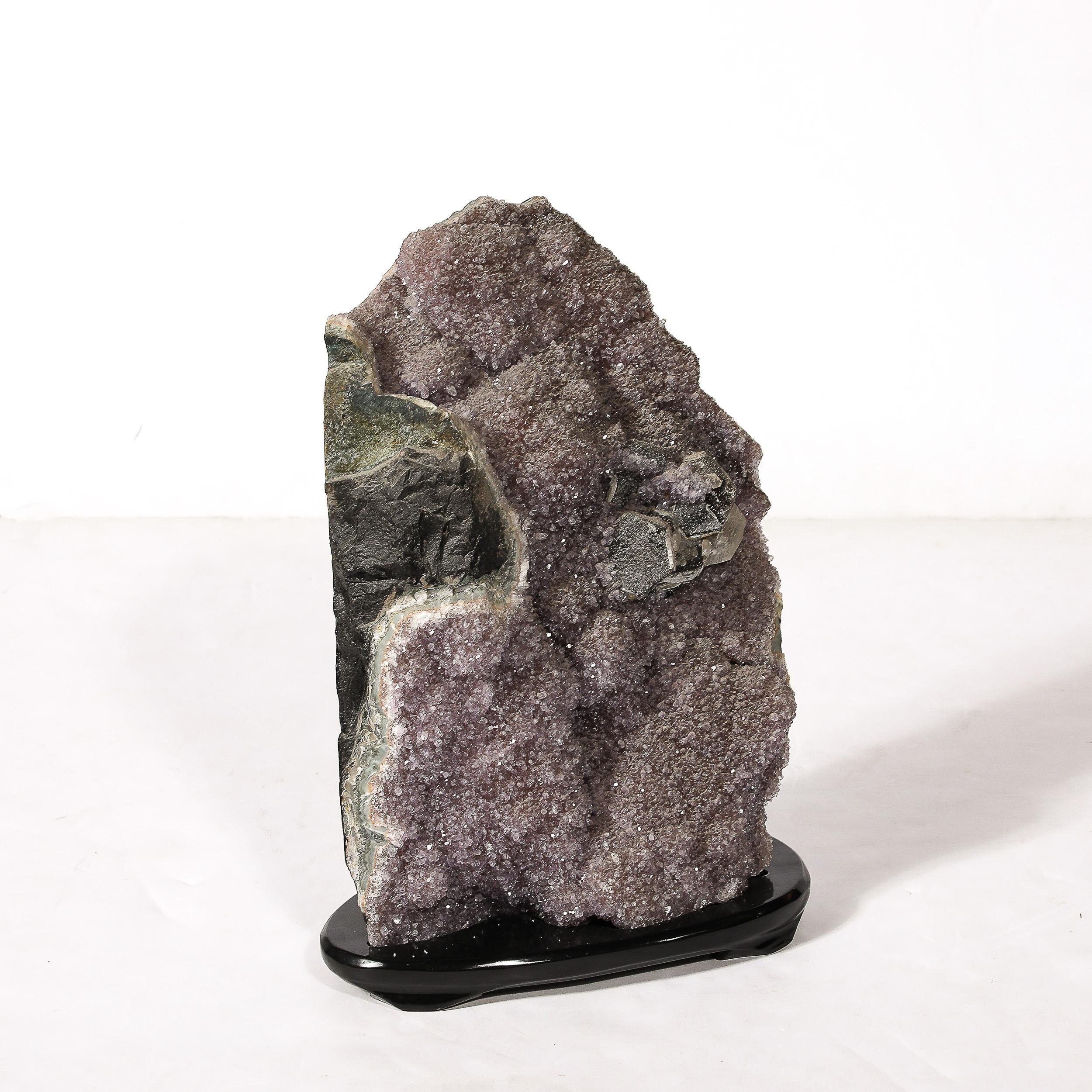 Modernist Uruguayan Amethyst Rock Crystal Specimen on Black Lacquer Base For Sale 7