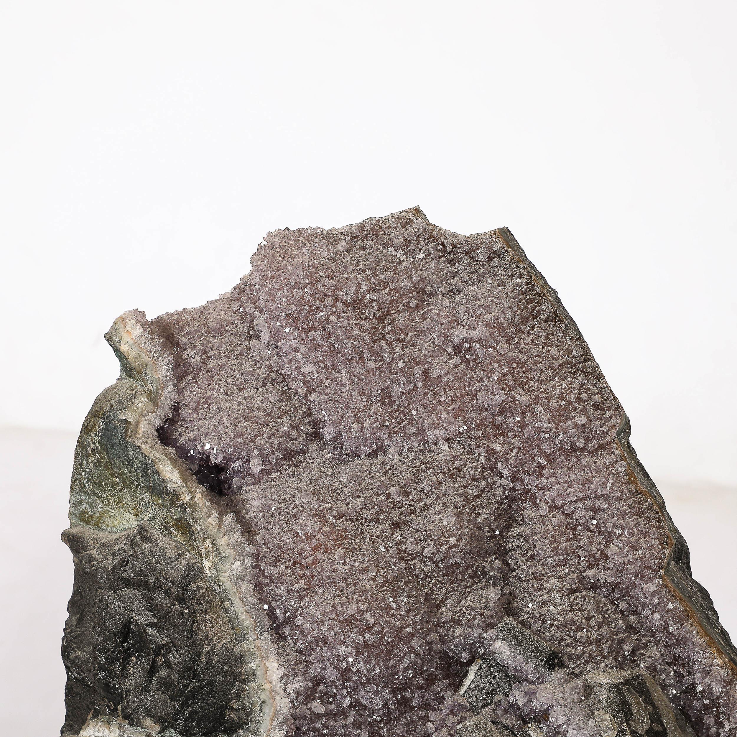 20th Century Modernist Uruguayan Amethyst Rock Crystal Specimen on Black Lacquer Base For Sale