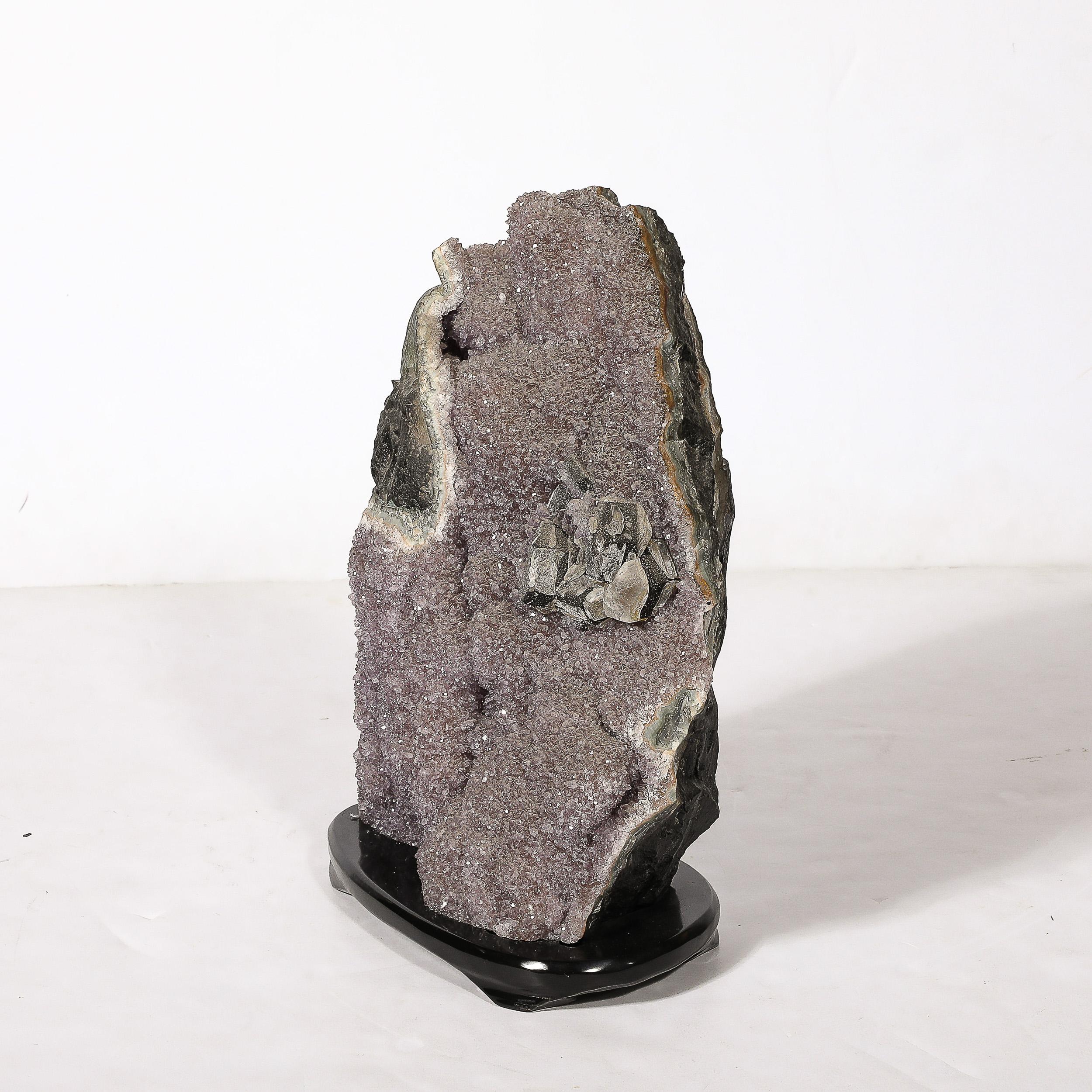Modernist Uruguayan Amethyst Rock Crystal Specimen on Black Lacquer Base For Sale 2
