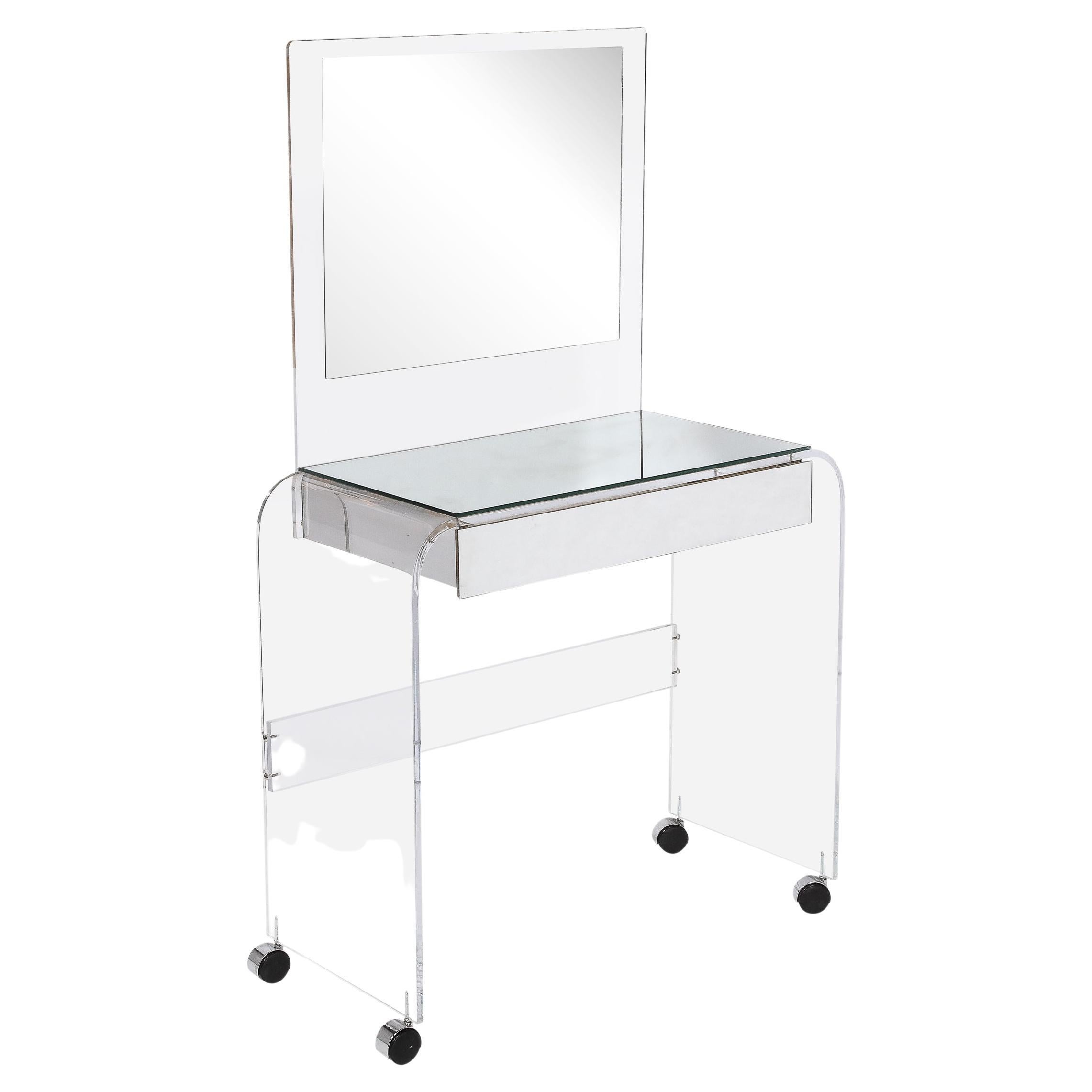 Table de coiffeuse moderniste en lucite et verre miroir