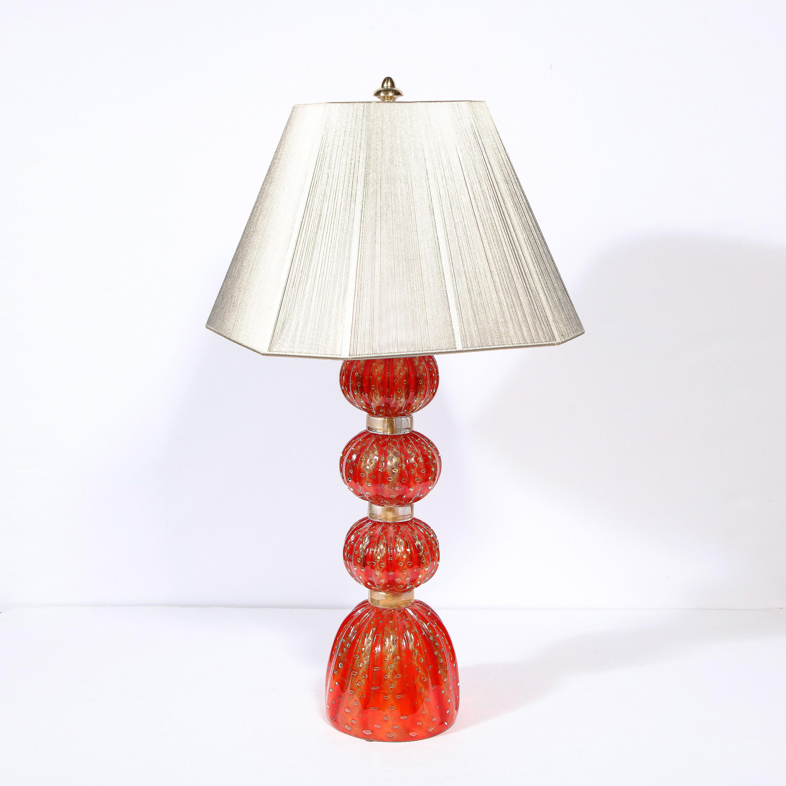 Mid-Century Modern Modernist Vermillion Handblown Murano Banded Table Lamp with 24kt Gold Flecks  For Sale