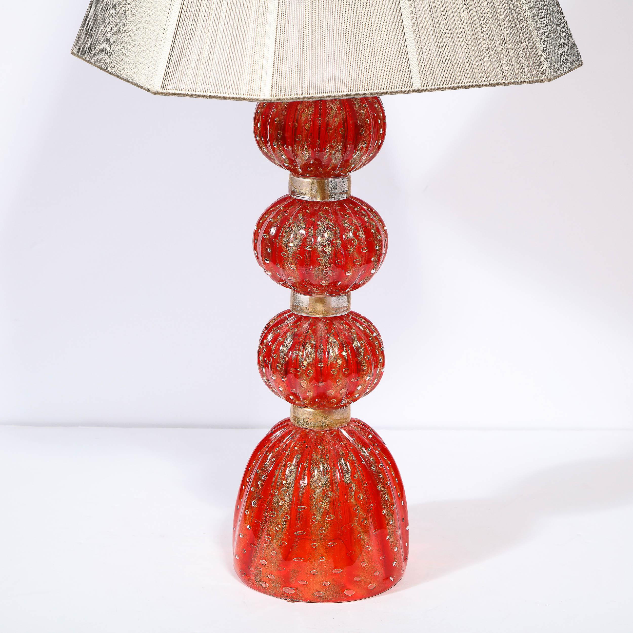 Italian Modernist Vermillion Handblown Murano Banded Table Lamp with 24kt Gold Flecks  For Sale