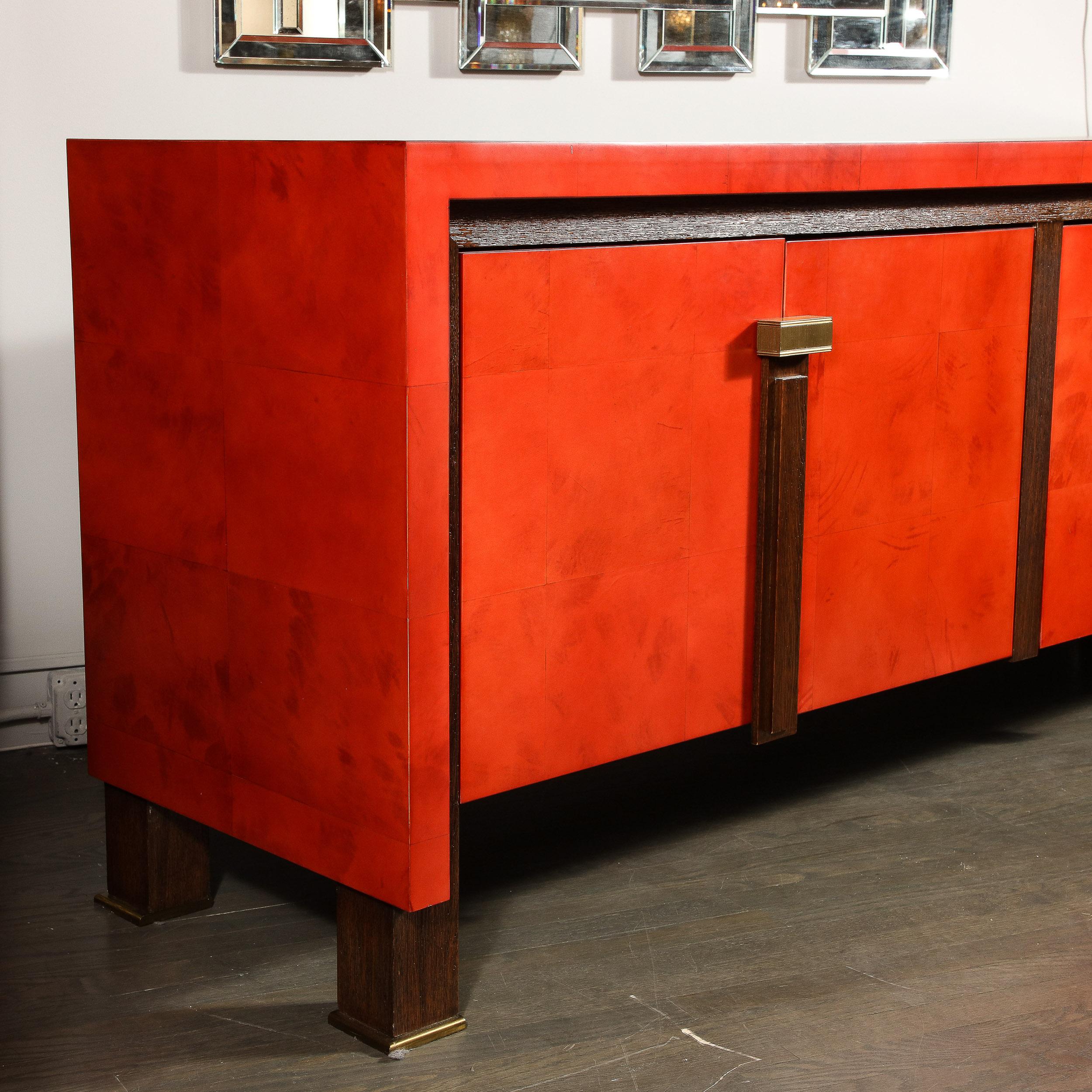 Modernist Vermillion Lacquered Goatskin Sideboard with Fluted Bronze Pulls For Sale 4