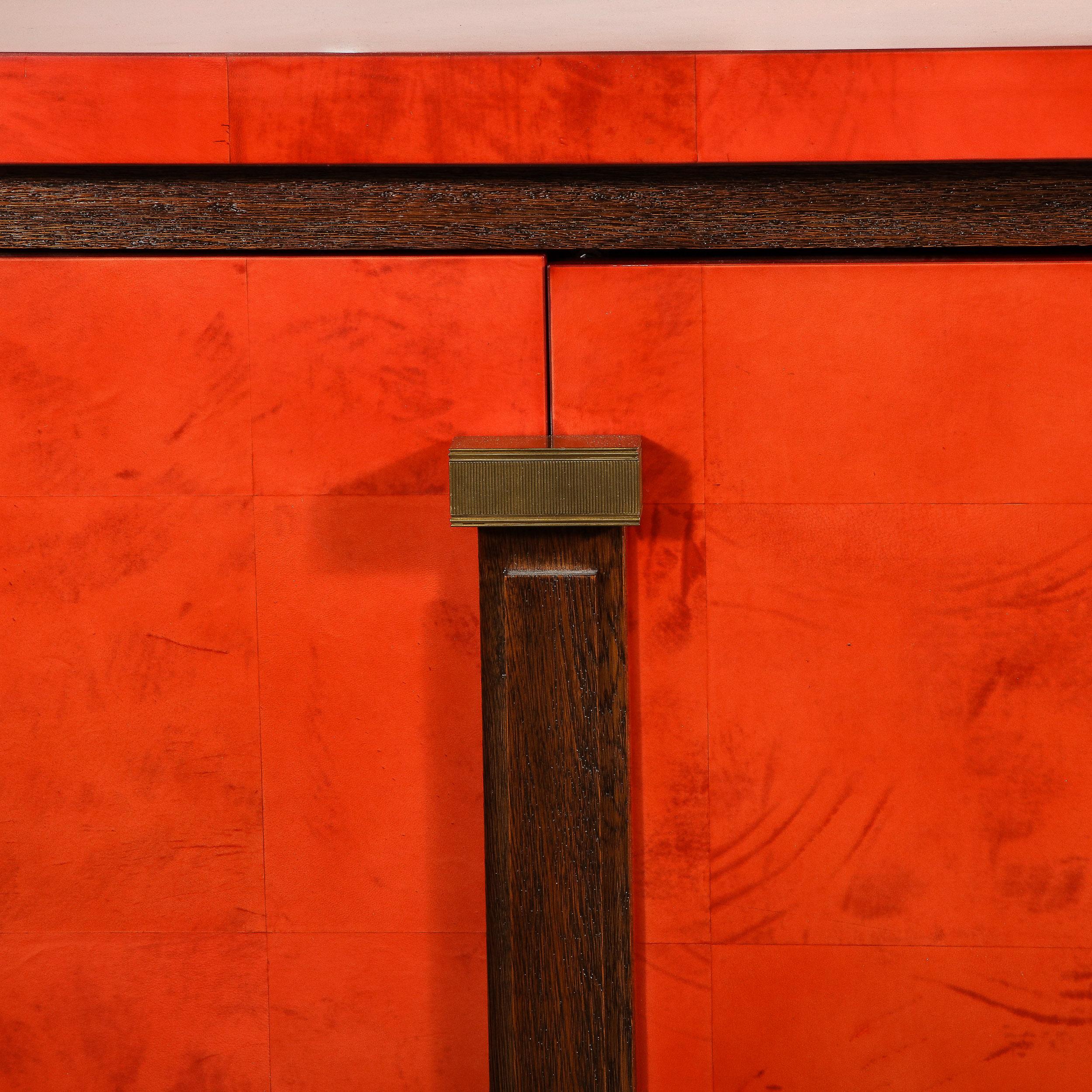 American Modernist Vermillion Lacquered Goatskin Sideboard with Fluted Bronze Pulls For Sale