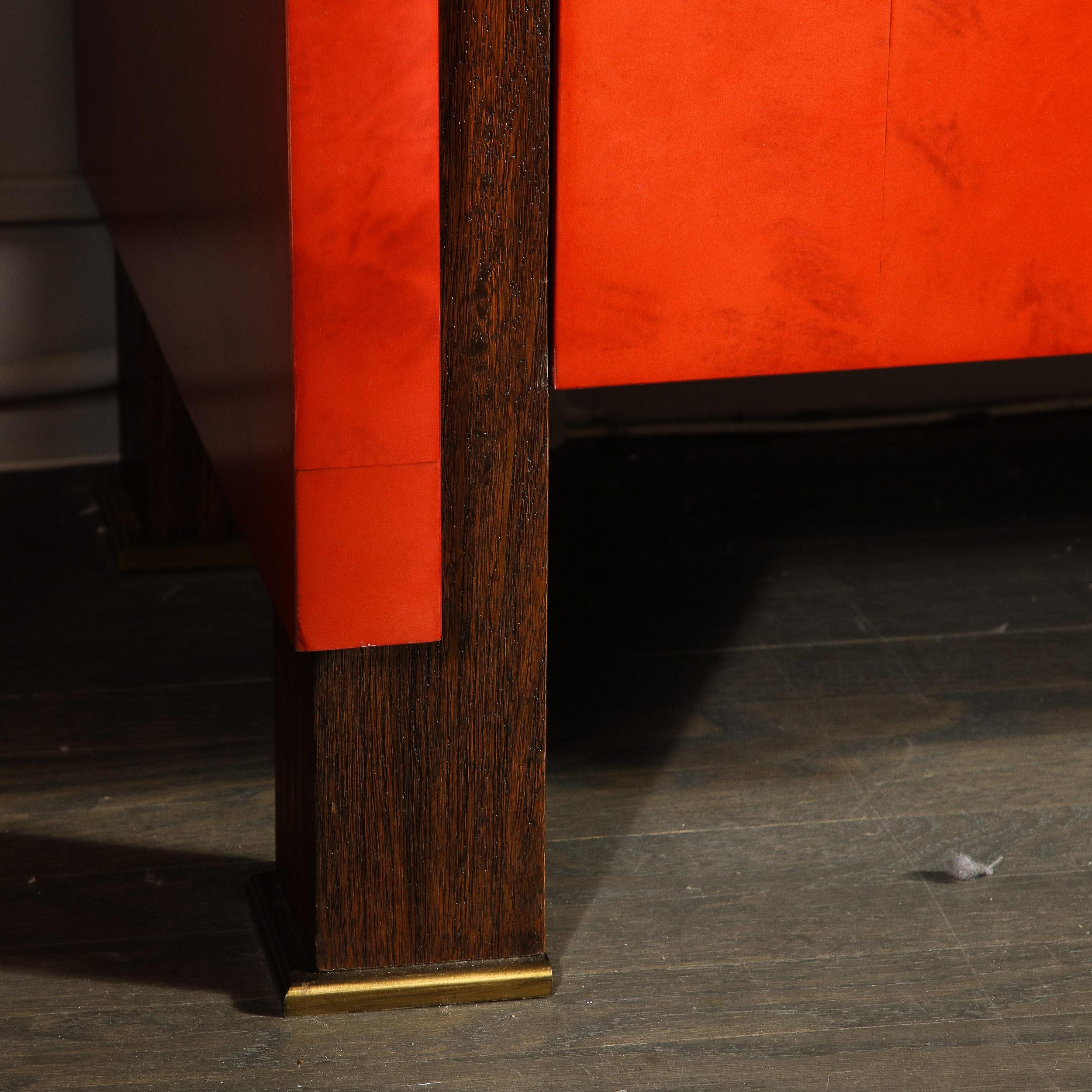 20th Century Modernist Vermillion Lacquered Goatskin Sideboard with Fluted Bronze Pulls For Sale