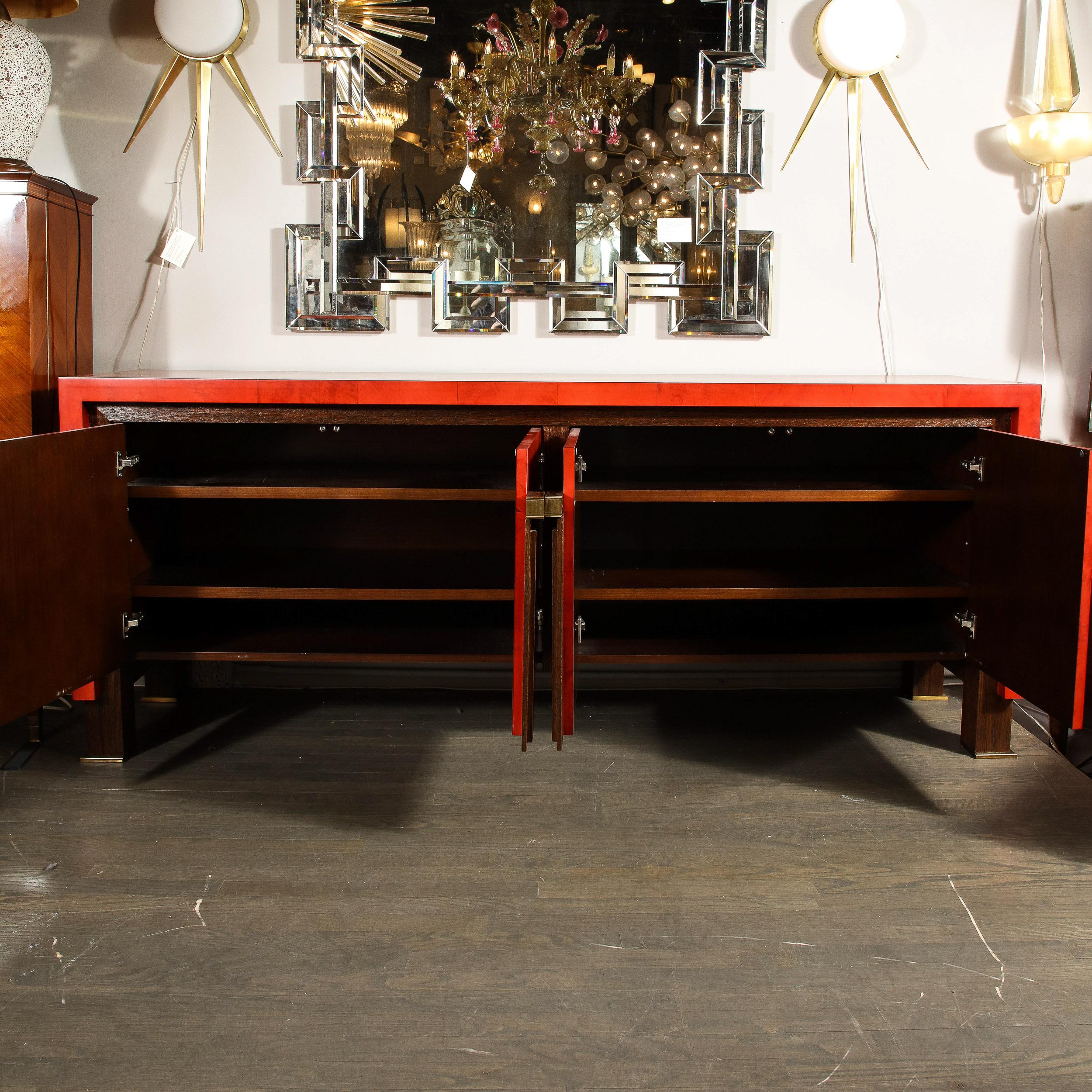 20th Century Modernist Vermillion Lacquered Goatskin Sideboard with Fluted Bronze Pulls For Sale
