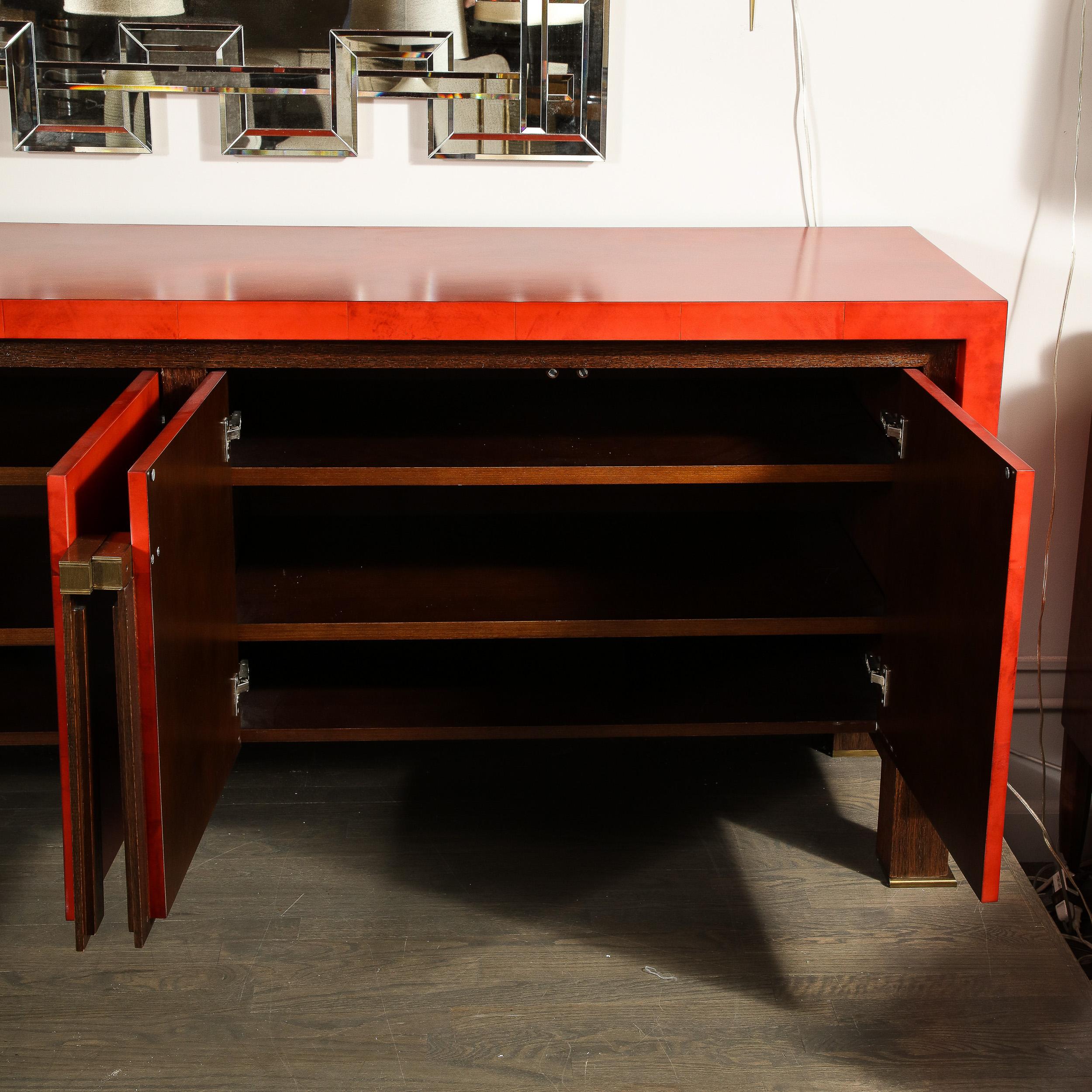 Modernist Vermillion Lacquered Goatskin Sideboard with Fluted Bronze Pulls For Sale 2