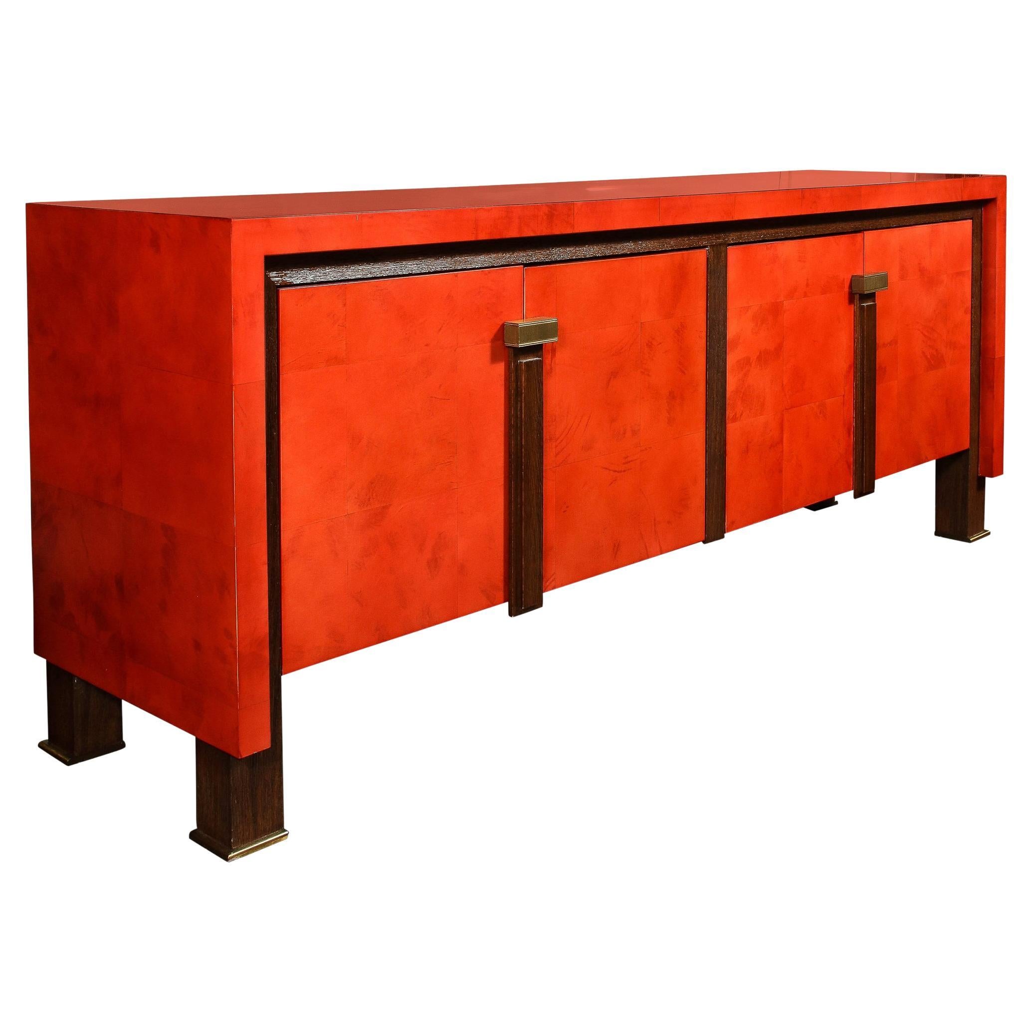 Modernist Vermillion Lacquered Goatskin Sideboard with Fluted Bronze Pulls For Sale
