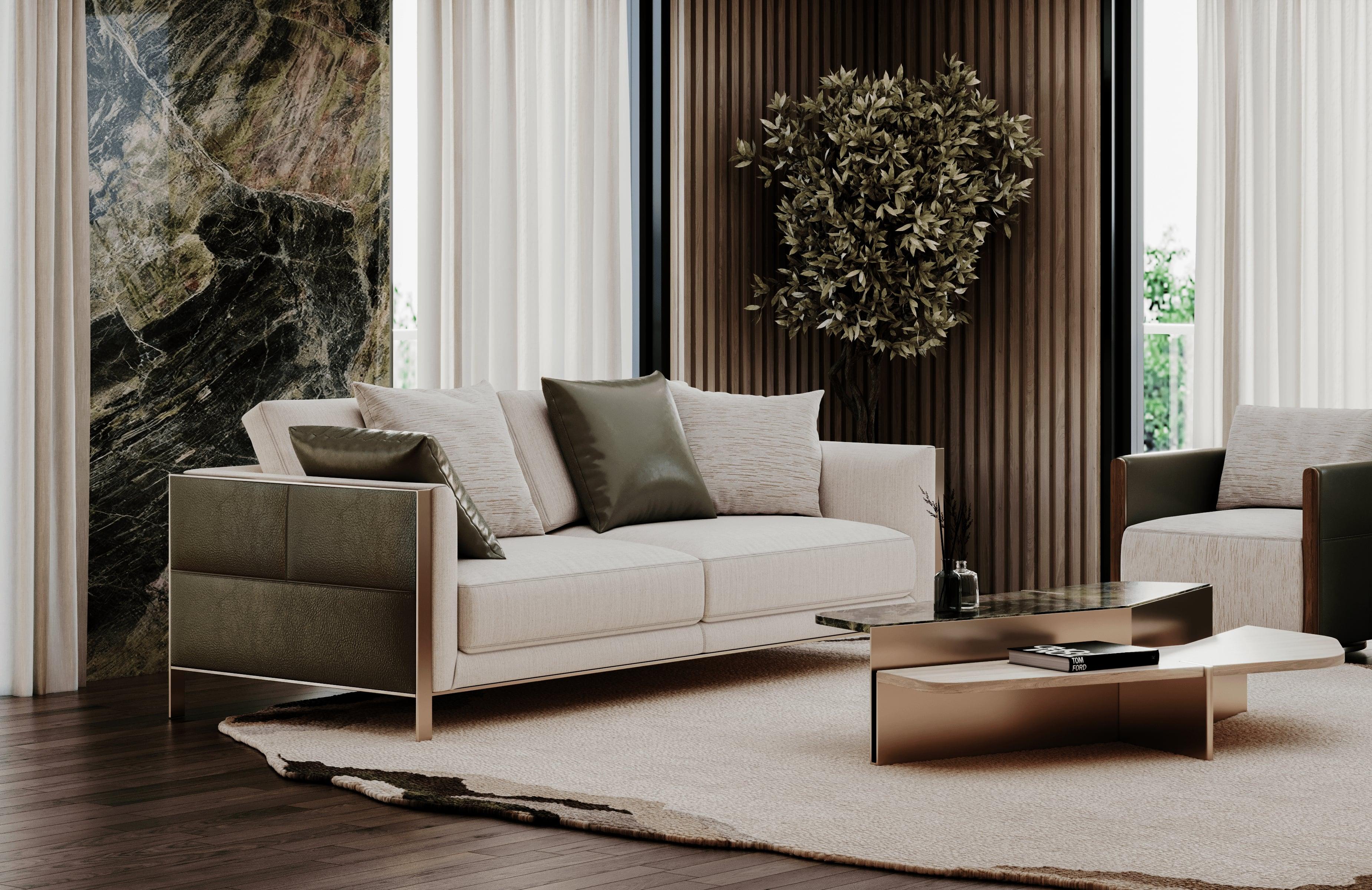 Verve sofa makes a bold statement with its strong, geometric lines and minimalist design, showcasing a refined elegance that enhances any interior. Its clean, structured form and tailored upholstery offer a sophisticated, contemporary look, while