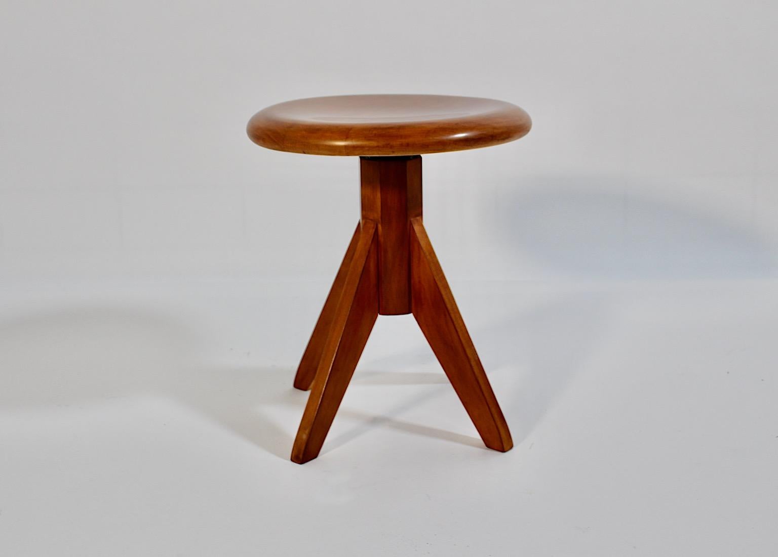 Art Deco Modernist Vintage Beech Swiveling Stool 1970s Austria For Sale