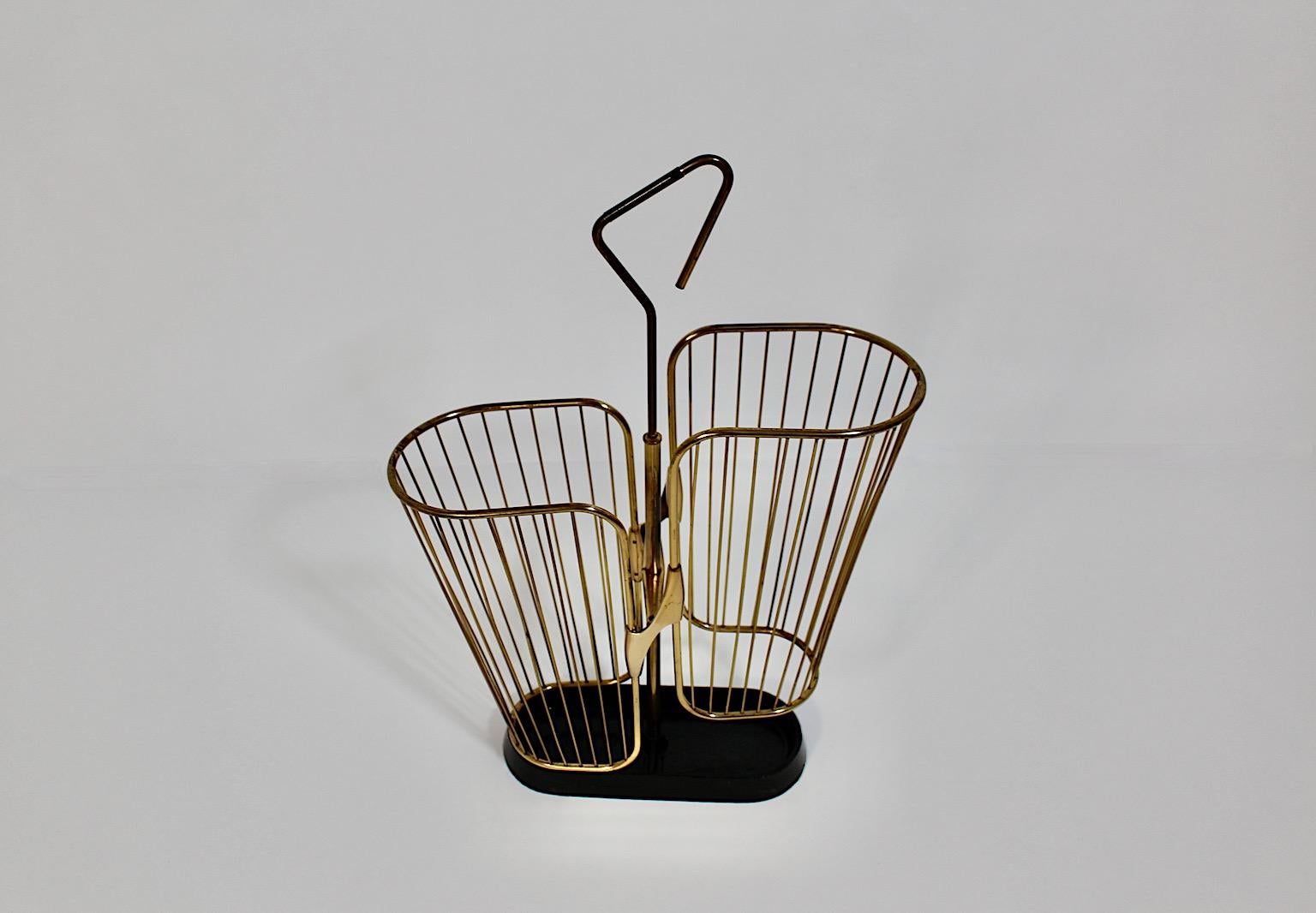 Lacquered Modernist Vintage Brass Aluminum Black Metal Umbrella Stand 1950s Germany For Sale