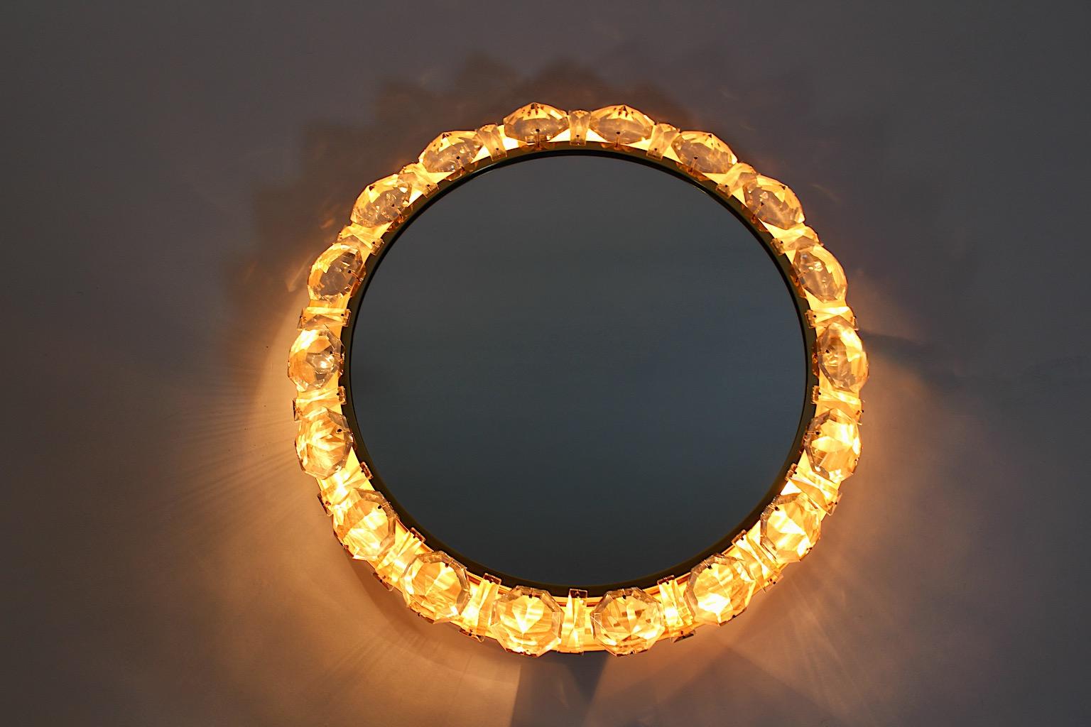 Modernist Vintage Circular Clear Glass Brass Wall Mirror Backlit Bakalowits 1960 For Sale 5
