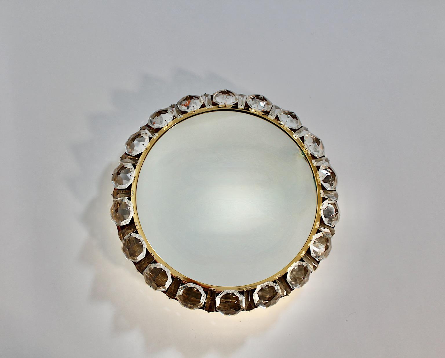 Austrian Modernist Vintage Circular Clear Glass Brass Wall Mirror Backlit Bakalowits 1960 For Sale