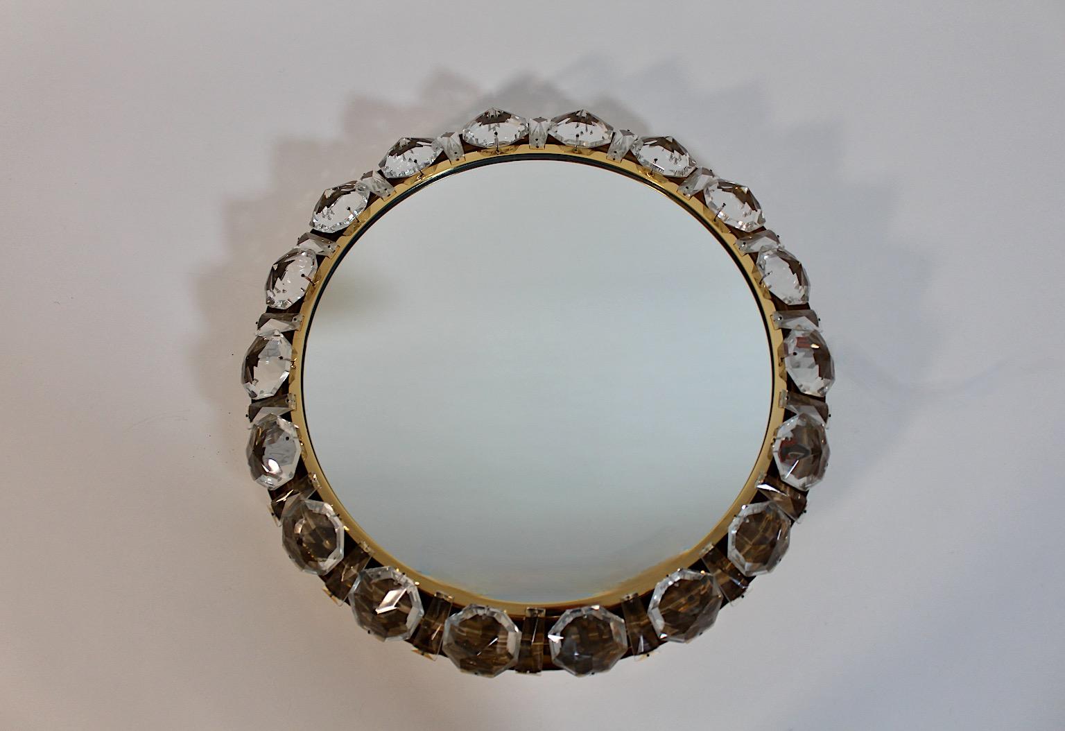 Modernist Vintage Circular Clear Glass Brass Wall Mirror Backlit Bakalowits 1960 For Sale 1