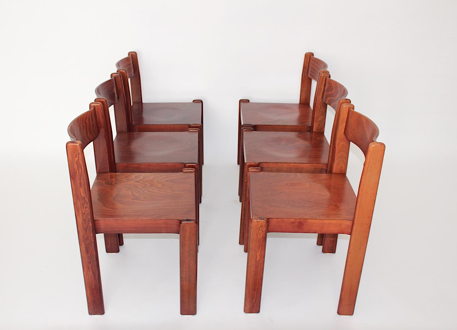 Lacquered Modernist Vintage Dining Chairs Brown Beech Up to Nineteen 1970s Italy For Sale