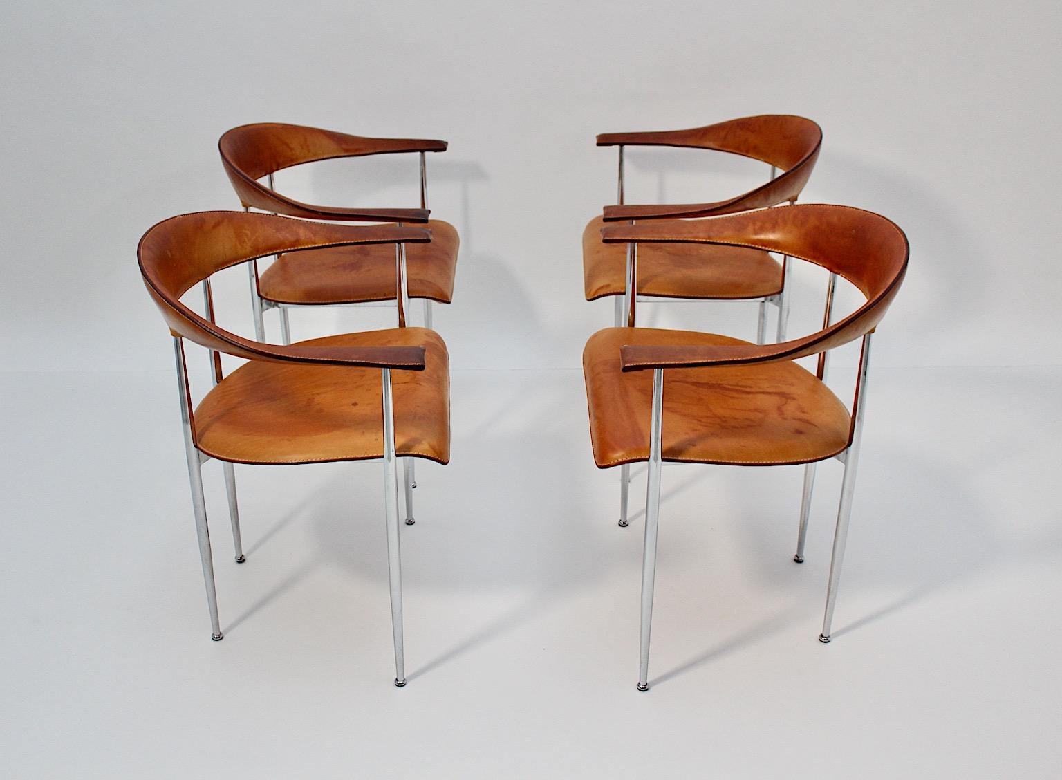 Italian Modernist Vintage Four Dining Chairs Cognac Brown Leather Chrome, 1980s, Italy For Sale