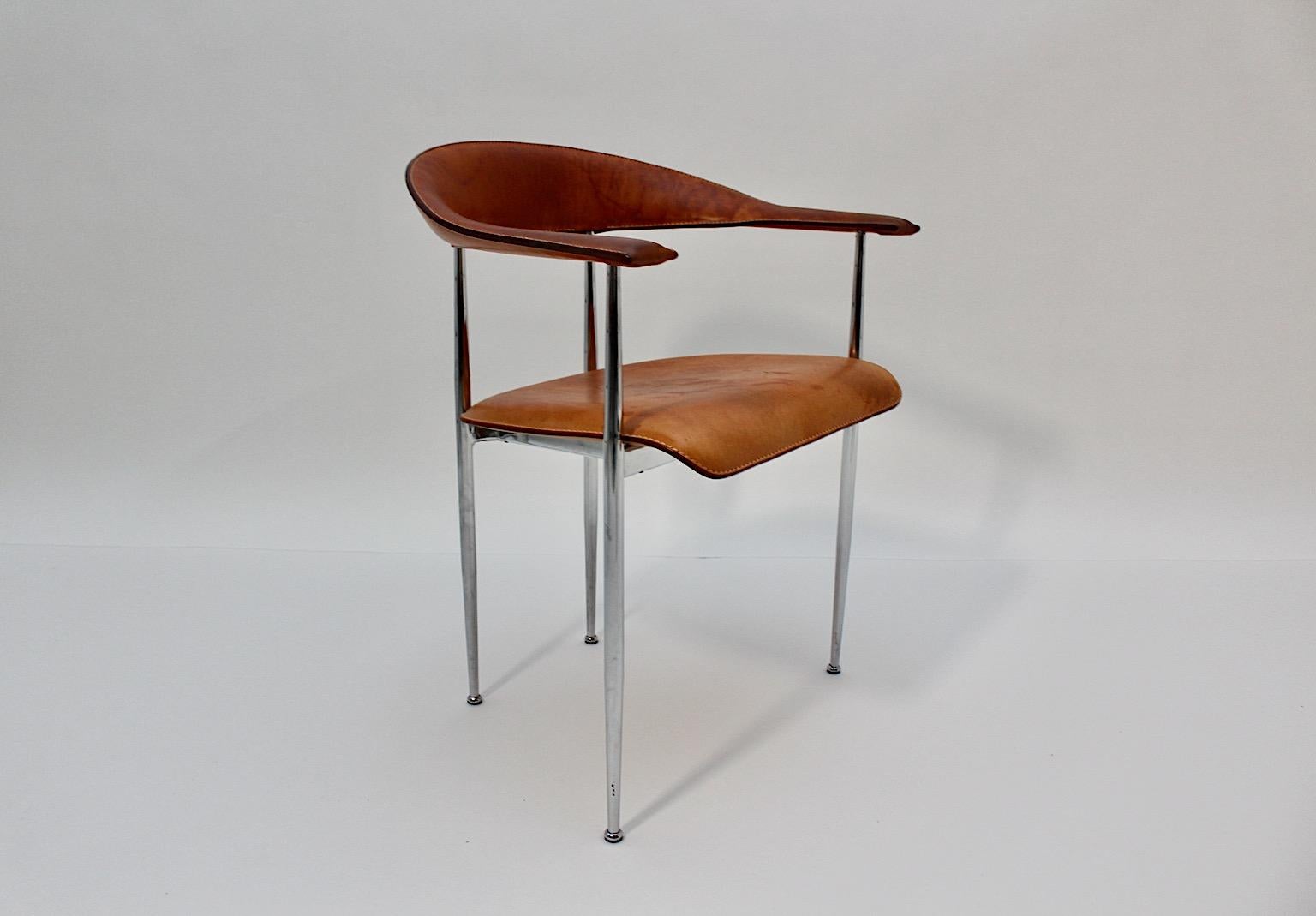 Modernist Vintage Four Dining Chairs Cognac Brown Leather Chrome, 1980s, Italy For Sale 1