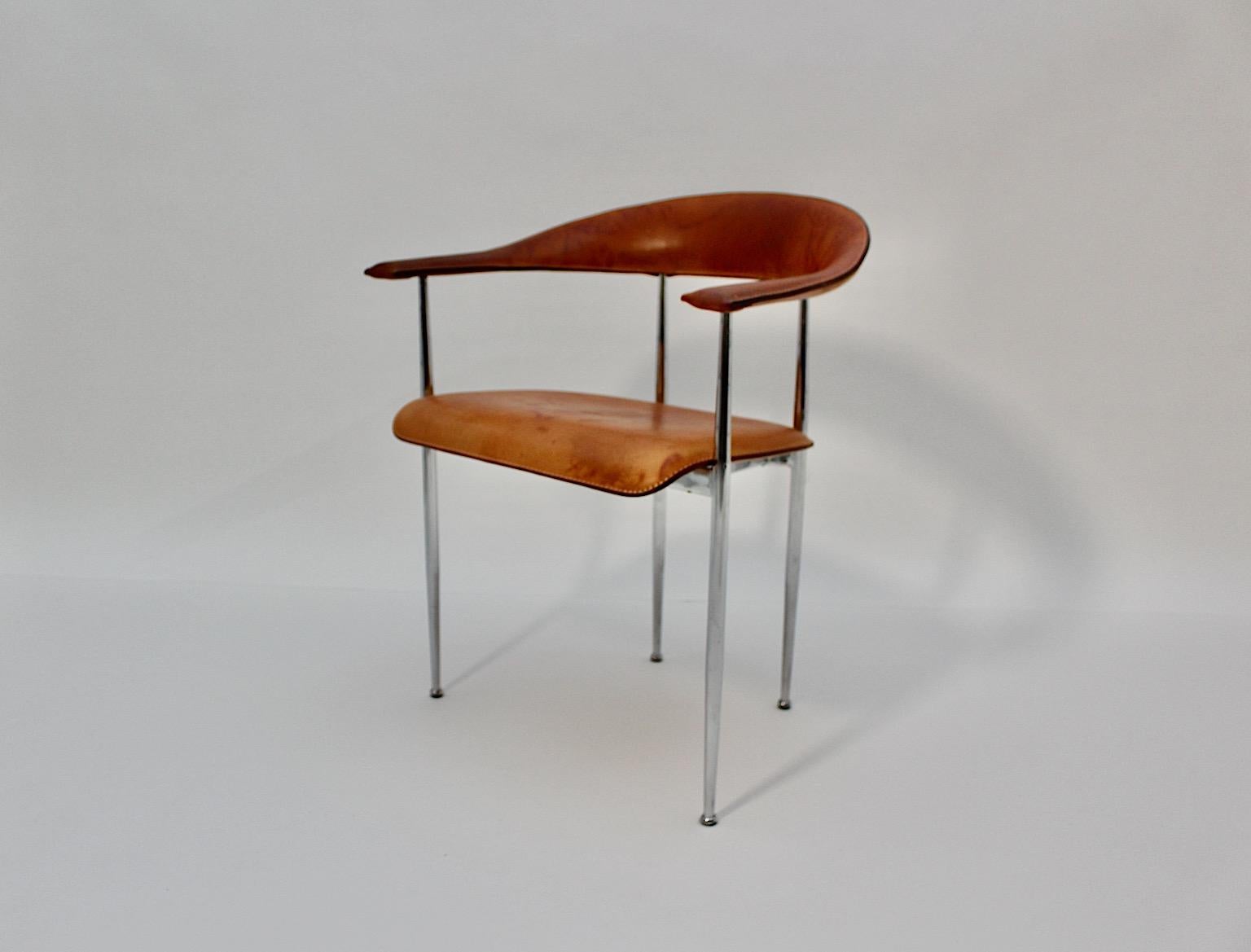 Modernist Vintage Four Dining Chairs Cognac Brown Leather Chrome, 1980s, Italy For Sale 2