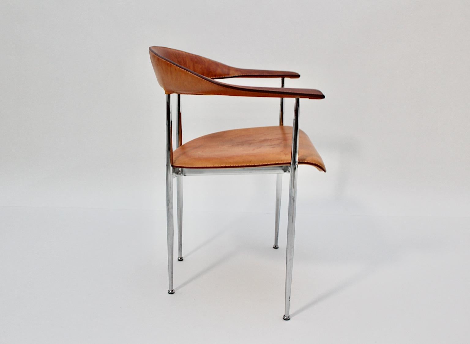 Modernist Vintage Four Dining Chairs Cognac Brown Leather Chrome, 1980s, Italy For Sale 3