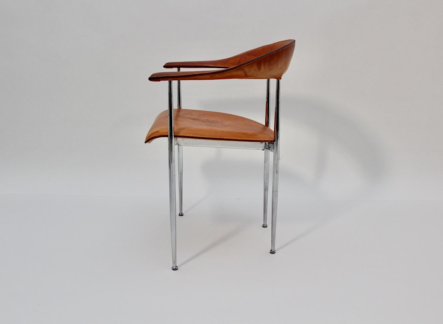 Modernist Vintage Four Dining Chairs Cognac Brown Leather Chrome, 1980s, Italy For Sale 4