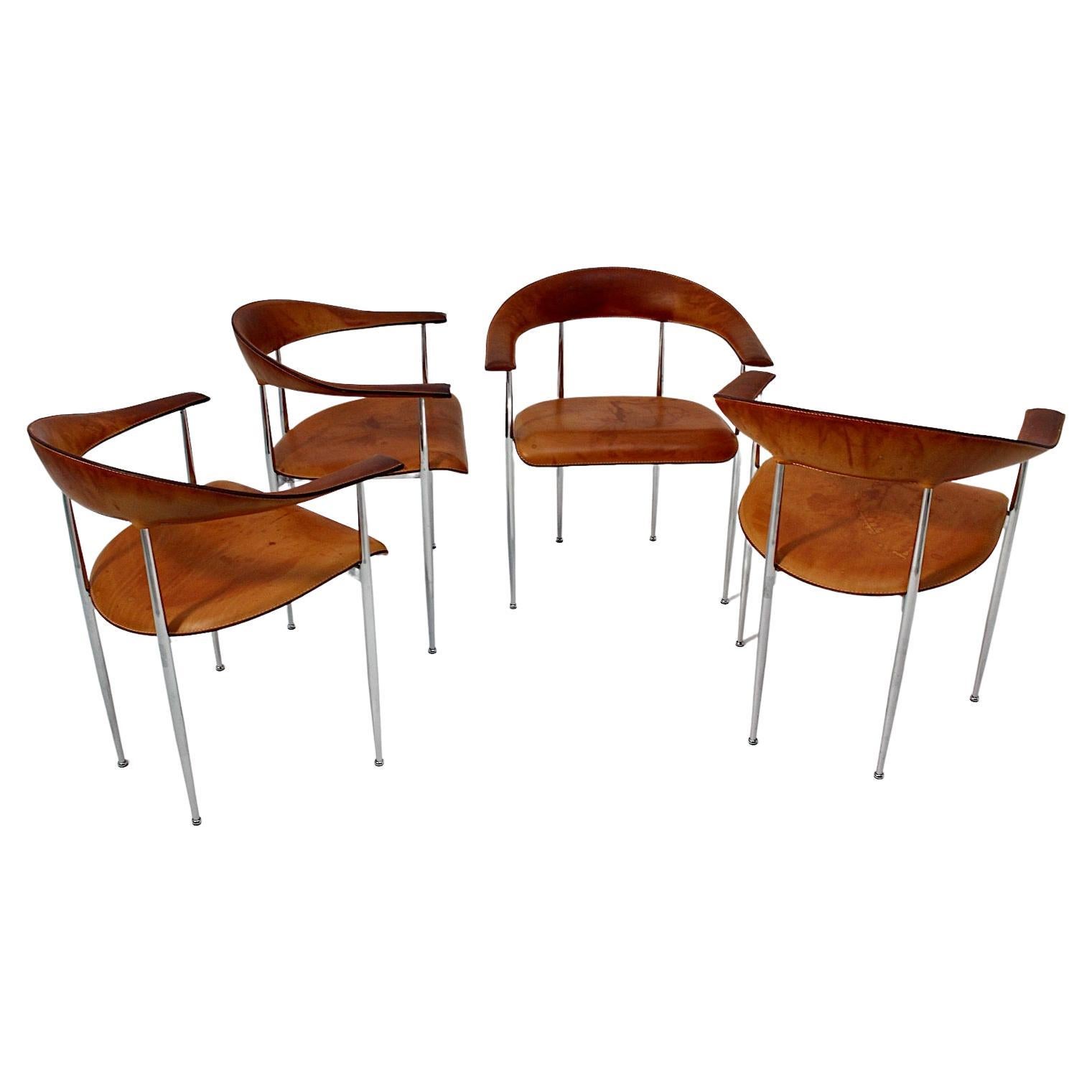 Modernist Vintage Four Dining Chairs Cognac Brown Leather Chrome, 1980s, Italy