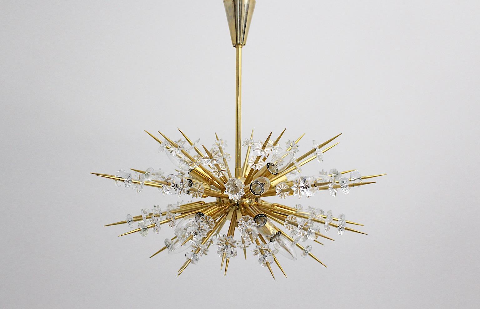 Austrian Modernist Vintage Glass Brass Gold Sputnik Chandelier Bakalowits Vienna 1972 For Sale