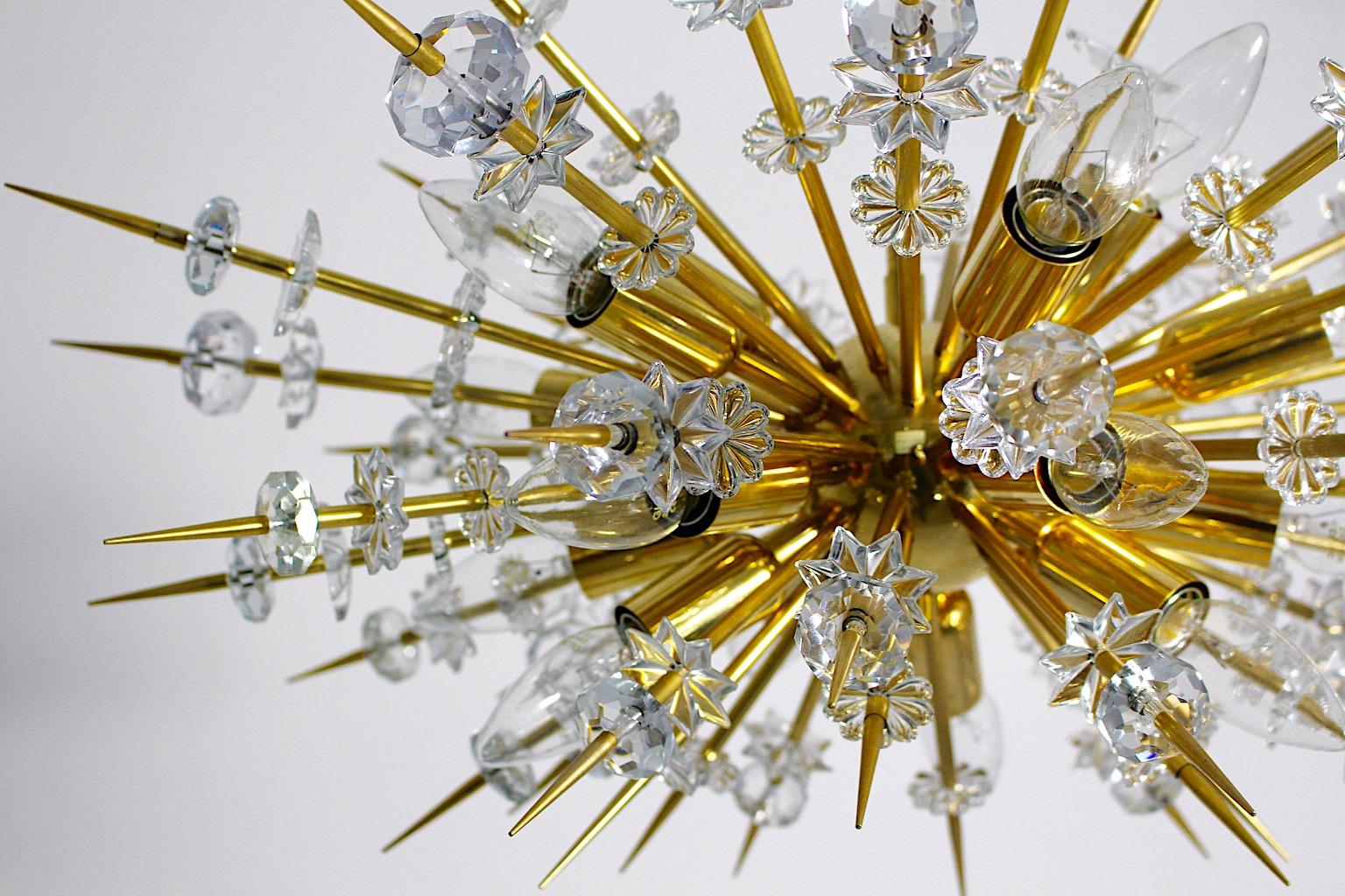 Plated Modernist Vintage Glass Brass Gold Sputnik Chandelier Bakalowits Vienna 1972 For Sale