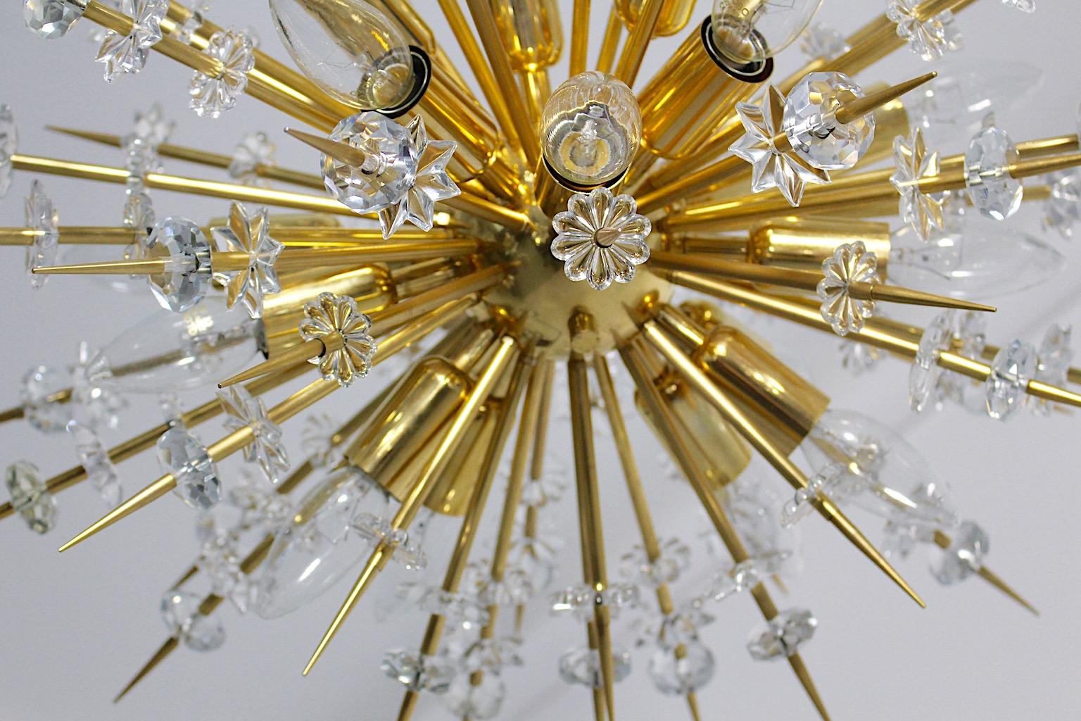 Crystal Modernist Vintage Glass Brass Gold Sputnik Chandelier Bakalowits Vienna 1972 For Sale