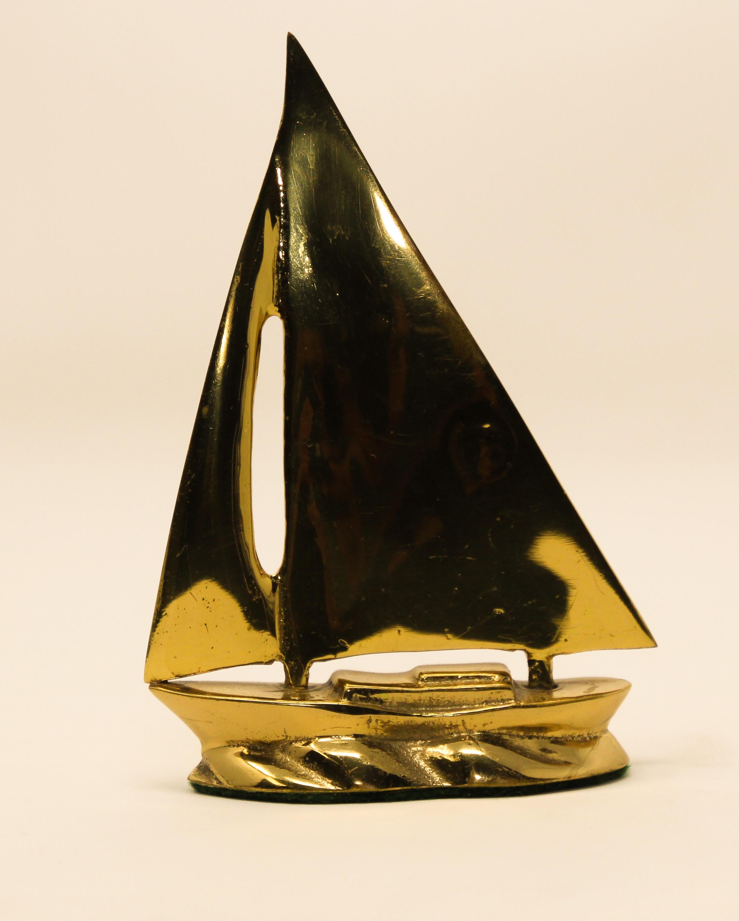 Mid-Century Modern Modernist Vintage Polished Cast Brass Sailboat Paperweight