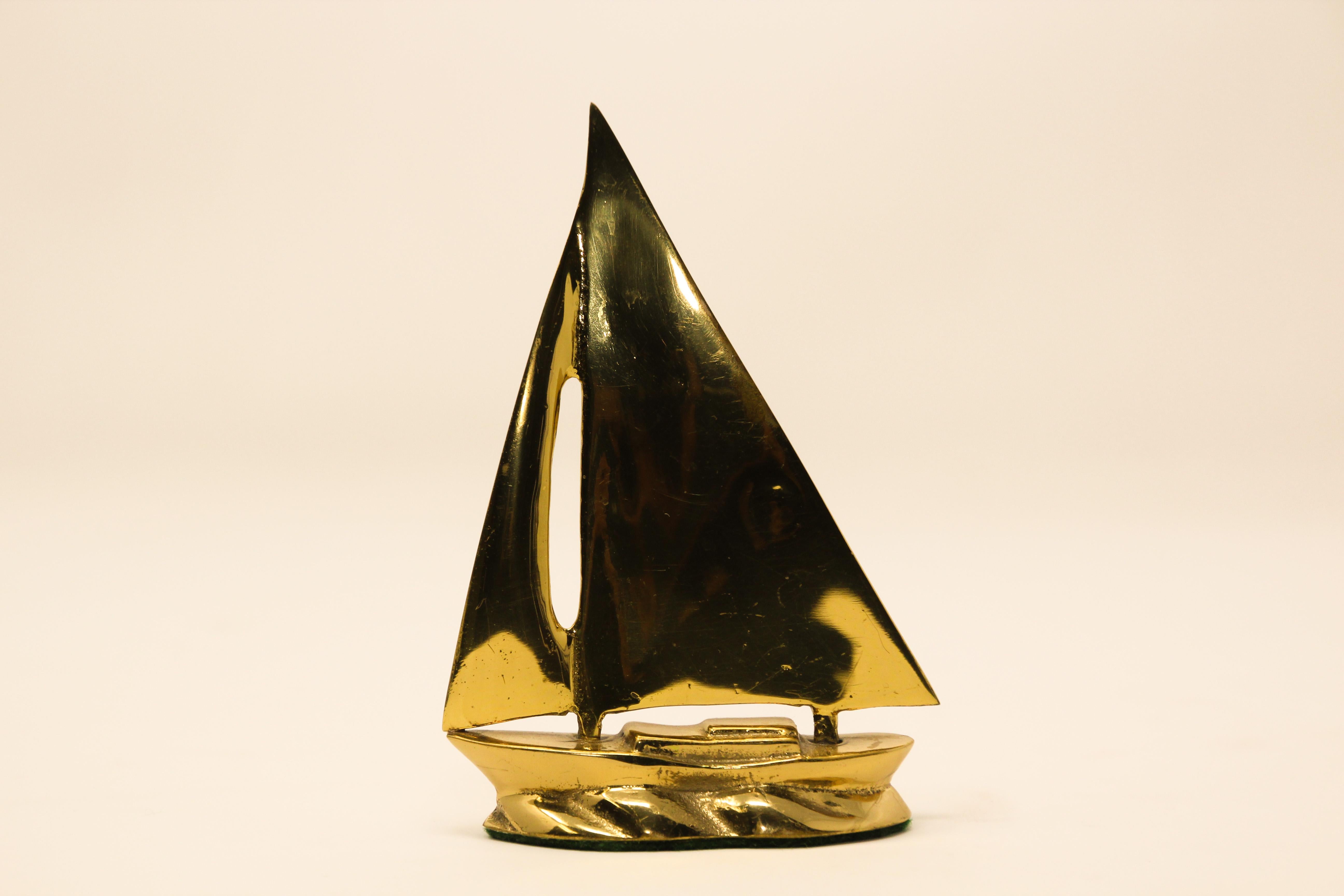 American Modernist Vintage Polished Cast Brass Sailboat Paperweight