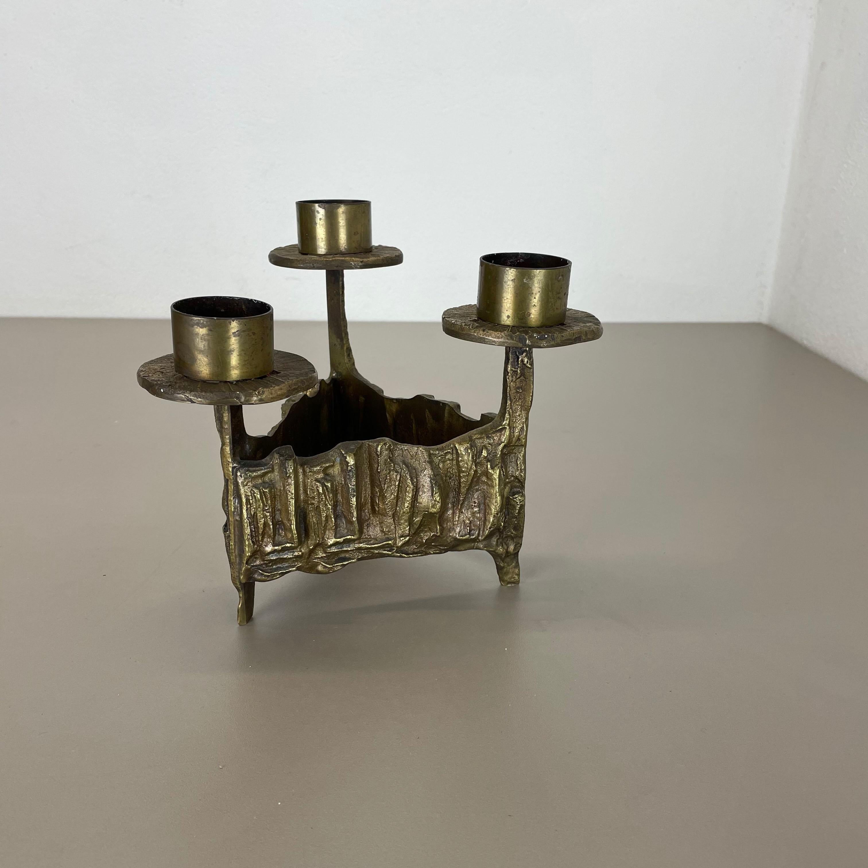 Scandinavian Modern Modernist Vintage Sculptural Brutalist Brass Metal Candleholder, France, 1970s For Sale