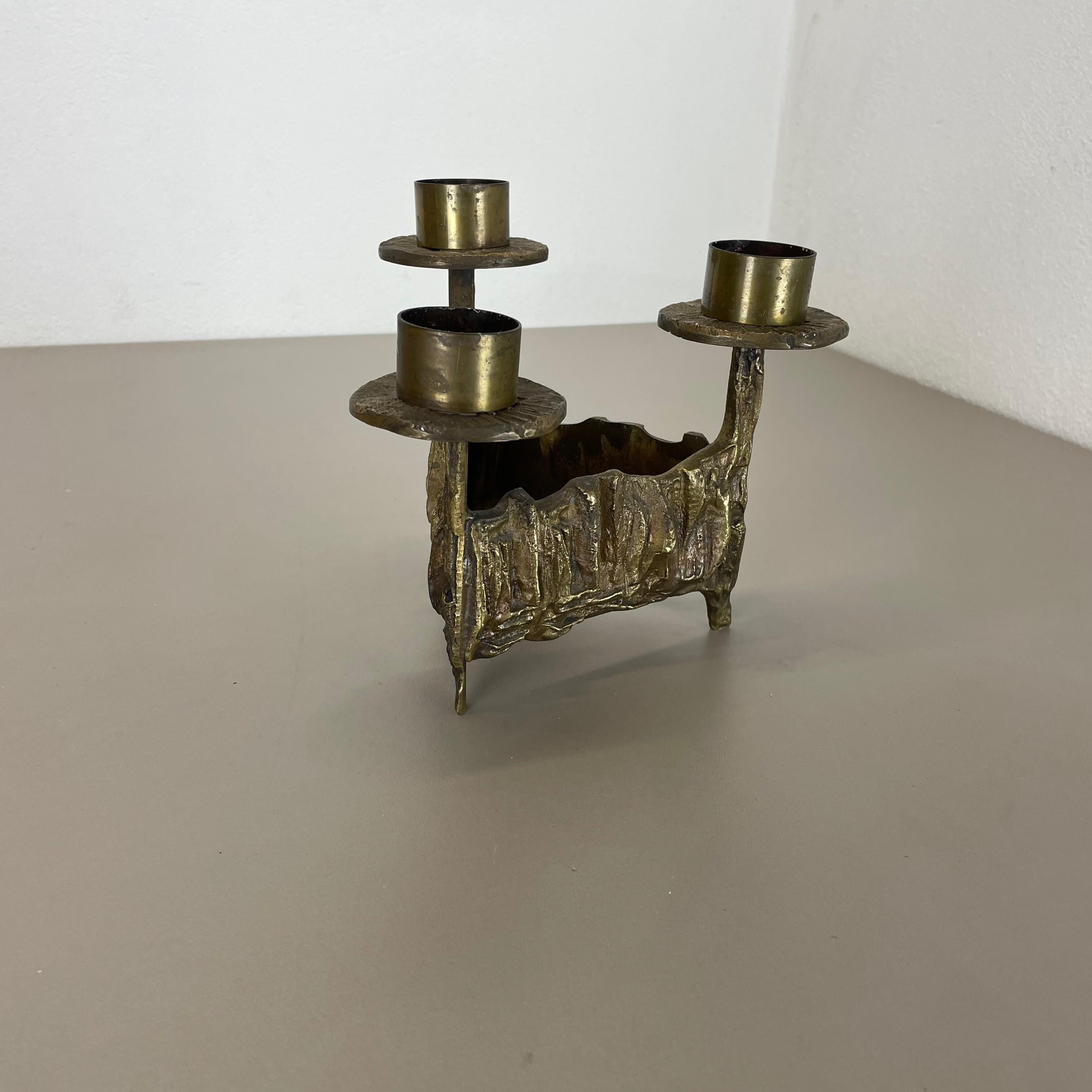 German Modernist Vintage Sculptural Brutalist Brass Metal Candleholder, France, 1970s For Sale