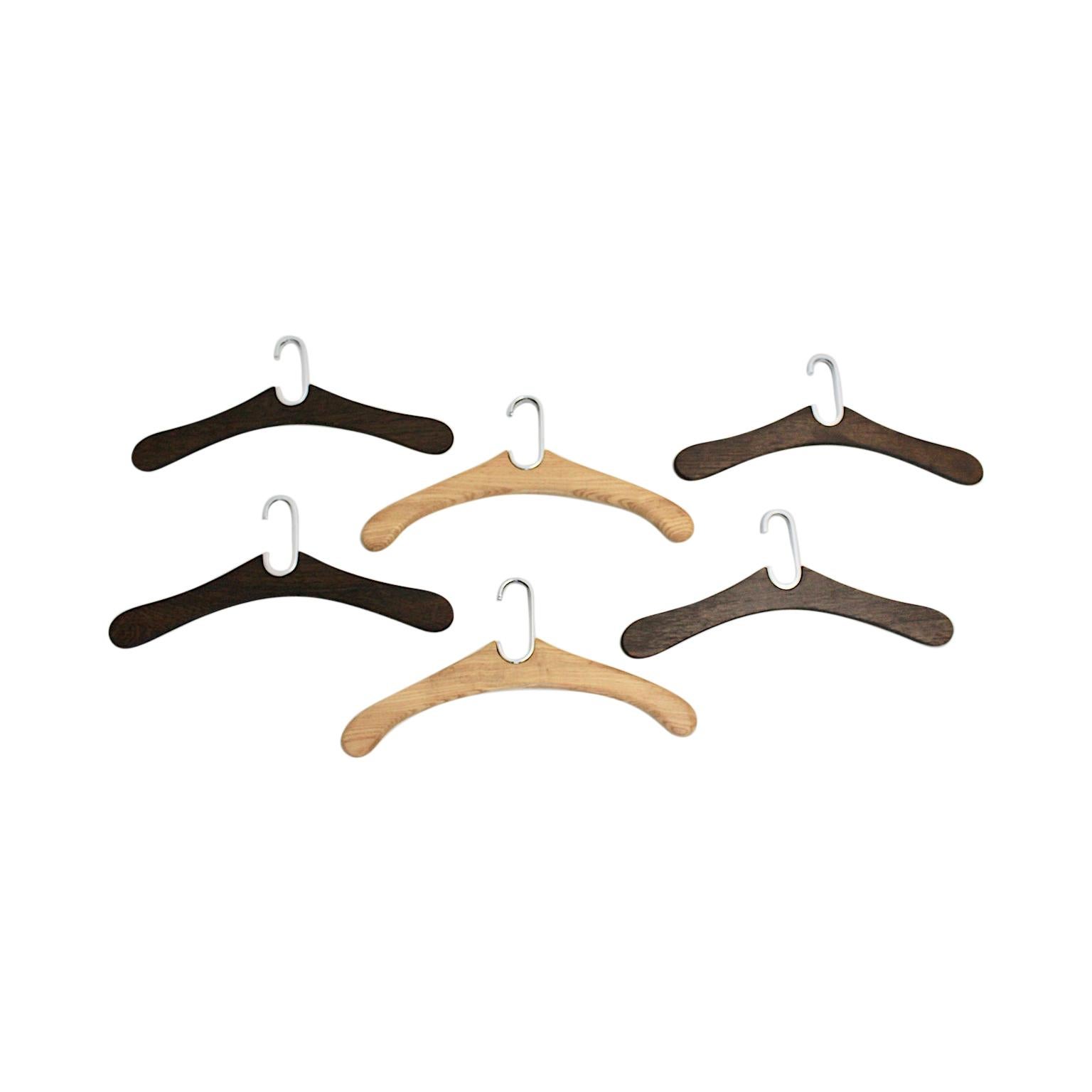 Modernist Vintage Set of Six Oak Cloth Hangers, Austria, 1970s For Sale