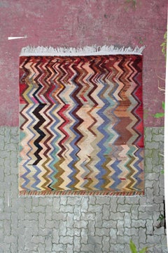Modernist Vintage Square Rug with Polychrome Thunderbolt Pattern