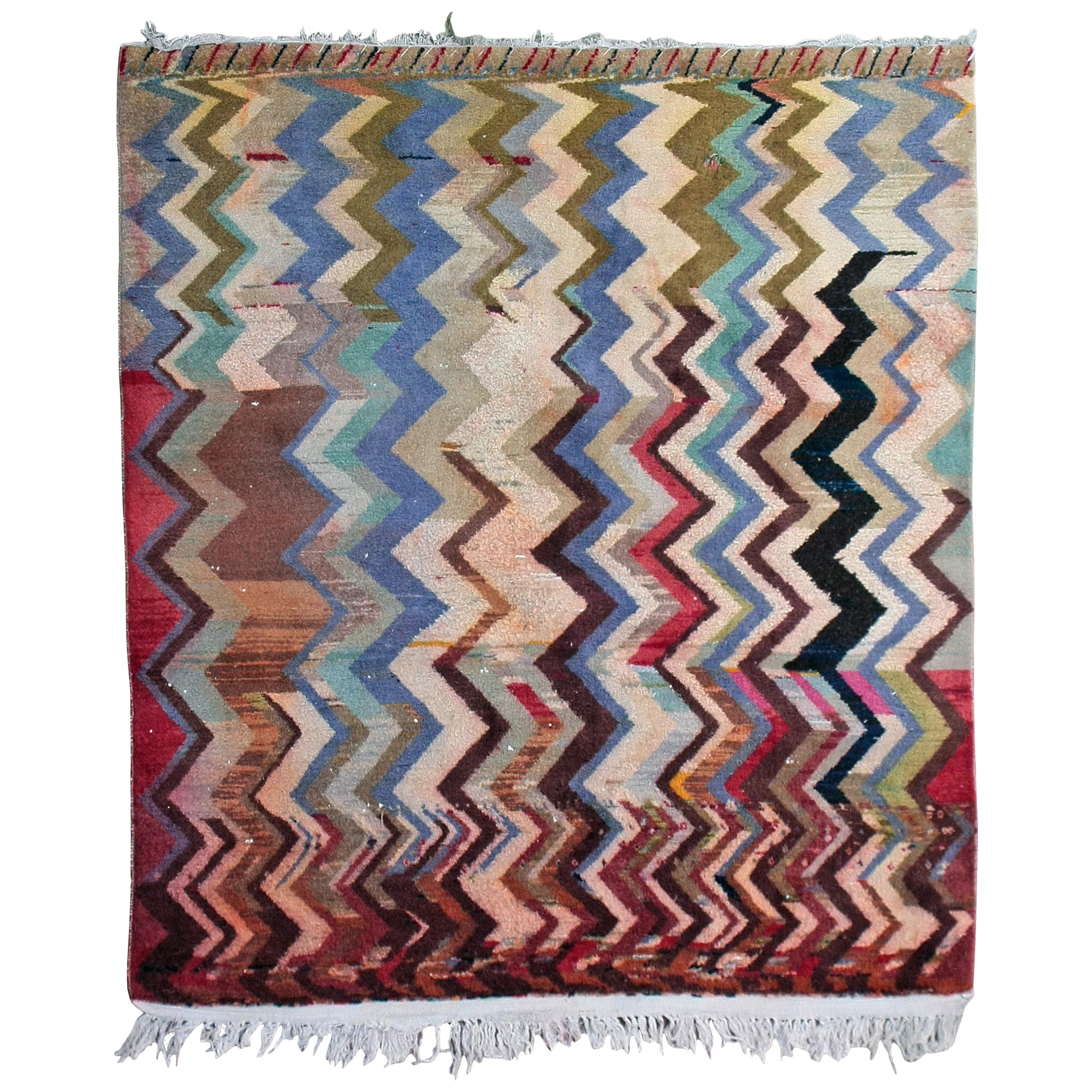Modernist Vintage Square Rug with Polychrome Thunderbolt Pattern For Sale