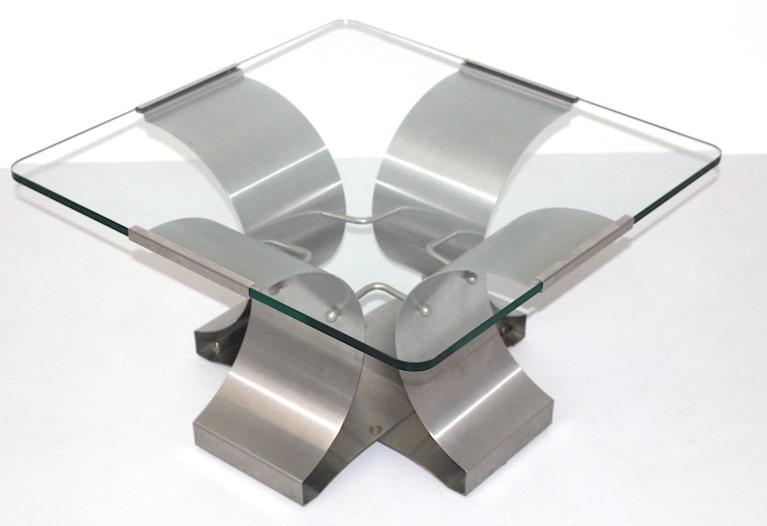 Late 20th Century Modernist Vintage Steel Glass Coffee Table Francois Monnet 1970s France For Sale