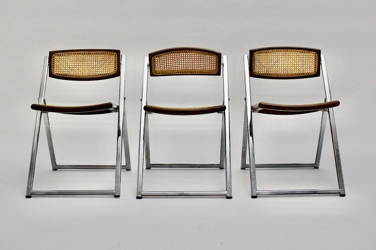 Modernist Vintage Three Chromed Beech Mesh Dining Chairs or Chairs, 1970, Italy For Sale 7