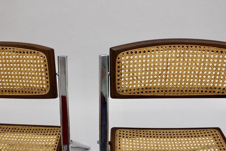 Modernist Vintage Three Chromed Beech Mesh Dining Chairs or Chairs, 1970, Italy For Sale 12