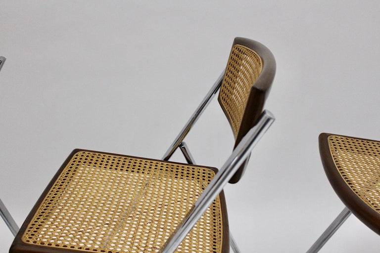 Modernist Vintage Three Chromed Beech Mesh Dining Chairs or Chairs, 1970, Italy For Sale 13