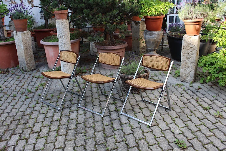 Late 20th Century Modernist Vintage Three Chromed Beech Mesh Dining Chairs or Chairs, 1970, Italy For Sale