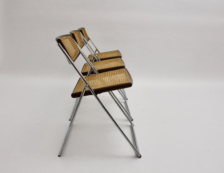 Metal Modernist Vintage Three Chromed Beech Mesh Dining Chairs or Chairs, 1970, Italy For Sale