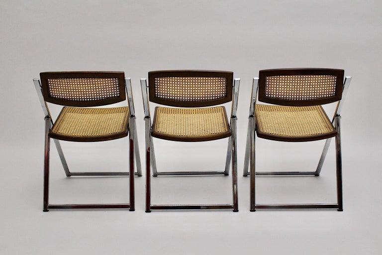 Modernist Vintage Three Chromed Beech Mesh Dining Chairs or Chairs, 1970, Italy For Sale 1