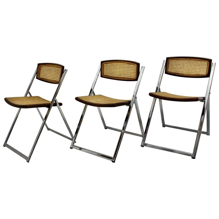 Modernist Vintage Three Chromed Beech Mesh Dining Chairs or Chairs, 1970, Italy For Sale