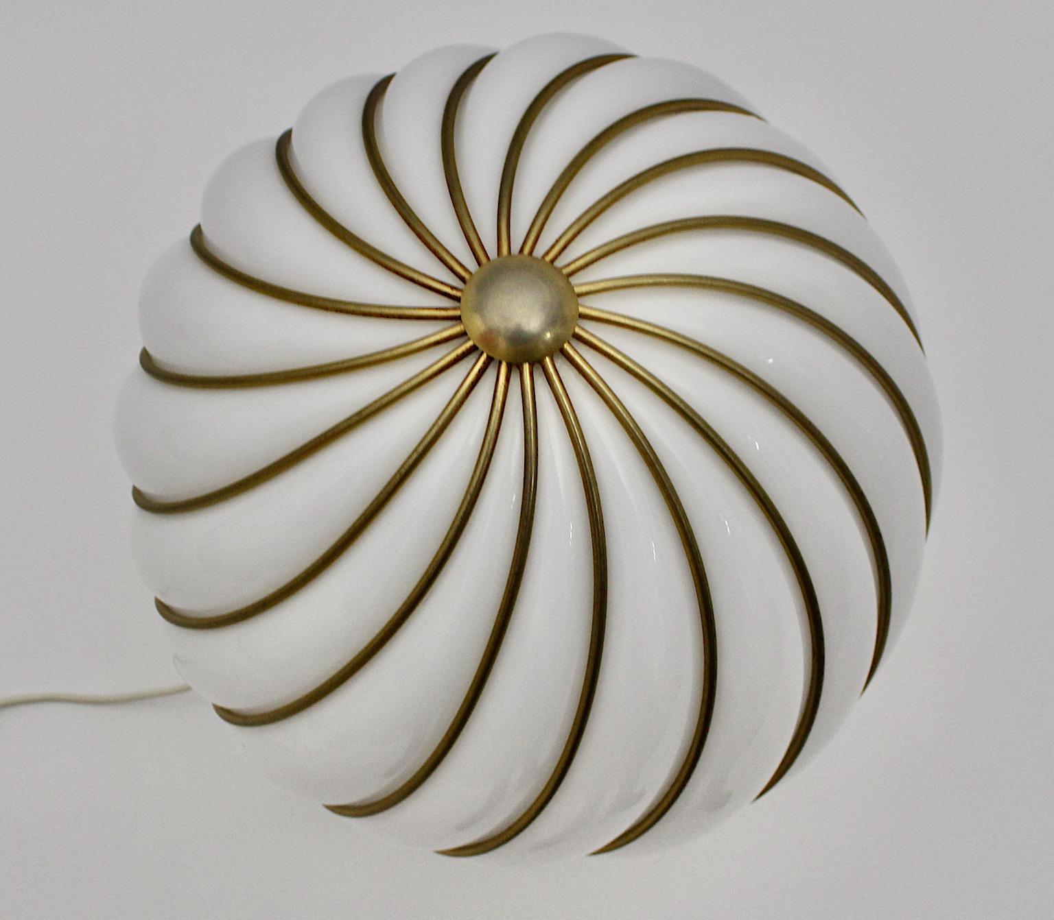 Metal Modernist Vintage White Glass Brass Floor Lamp Table Lamp VeArt Italy 1960s For Sale
