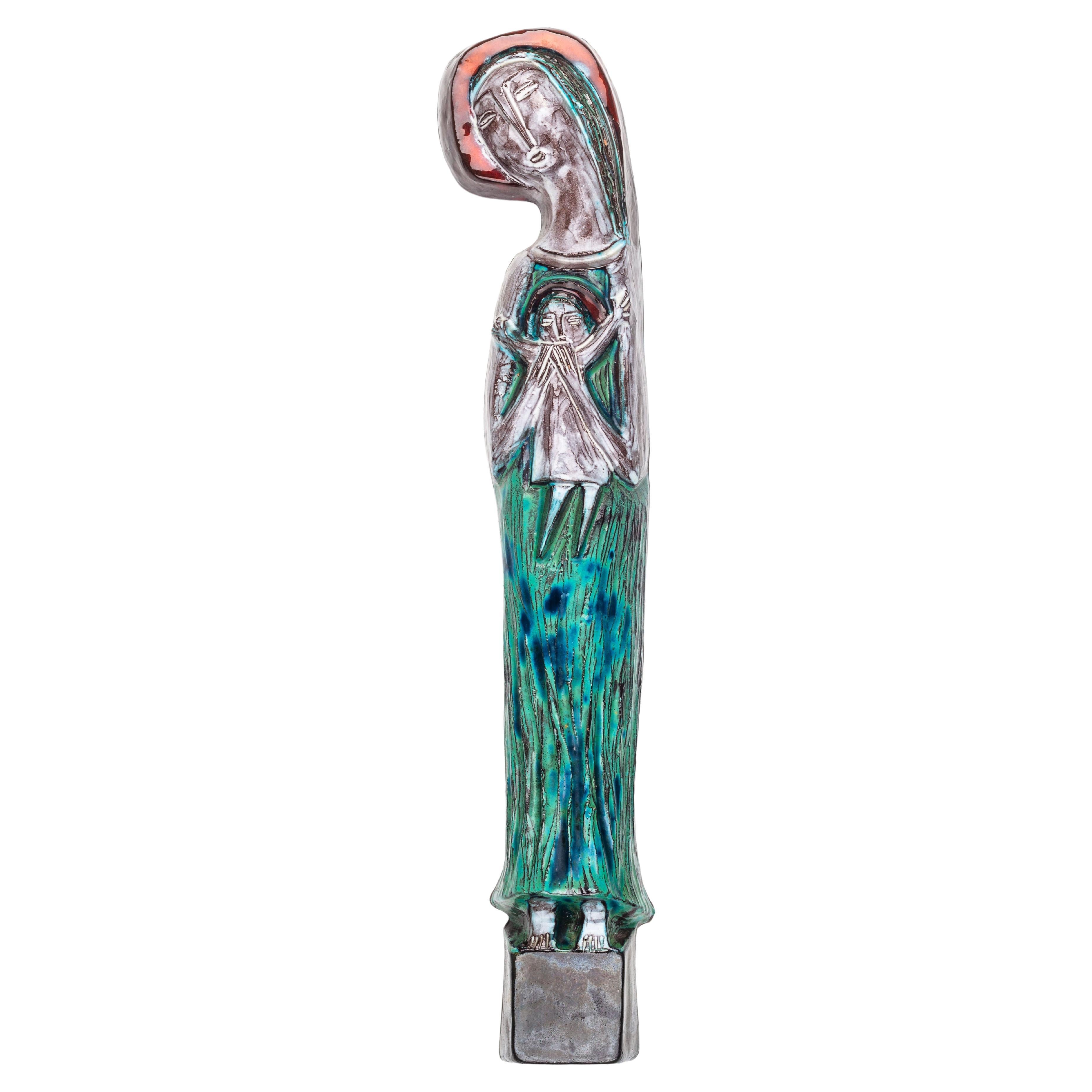 Modernistische Wandschmuck aus Keramik mit Jungfrau Maria und Kind Jesus, Studio Pottery